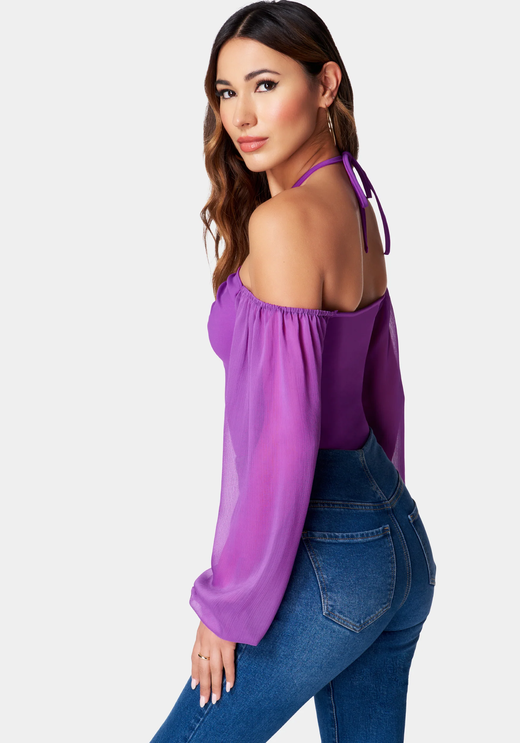 Chiffon Sleeve Cold Shoulder Tie Neck Knit Top - Image 3