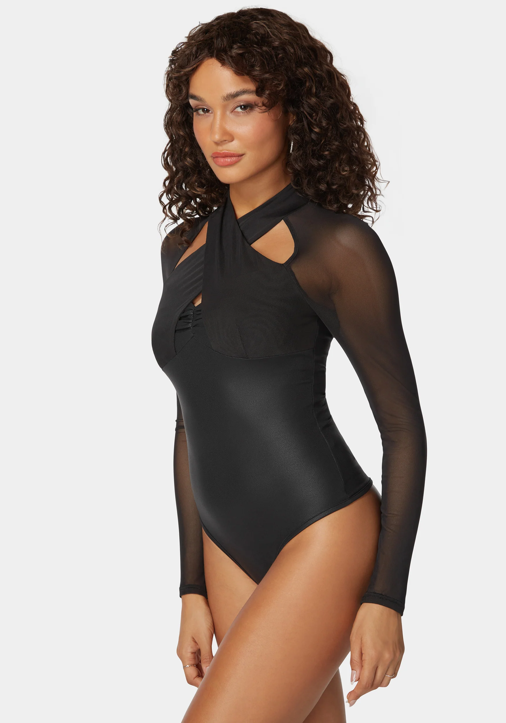 Coated Knit Combo Mesh Halter Neck Bodysuit - Image 2