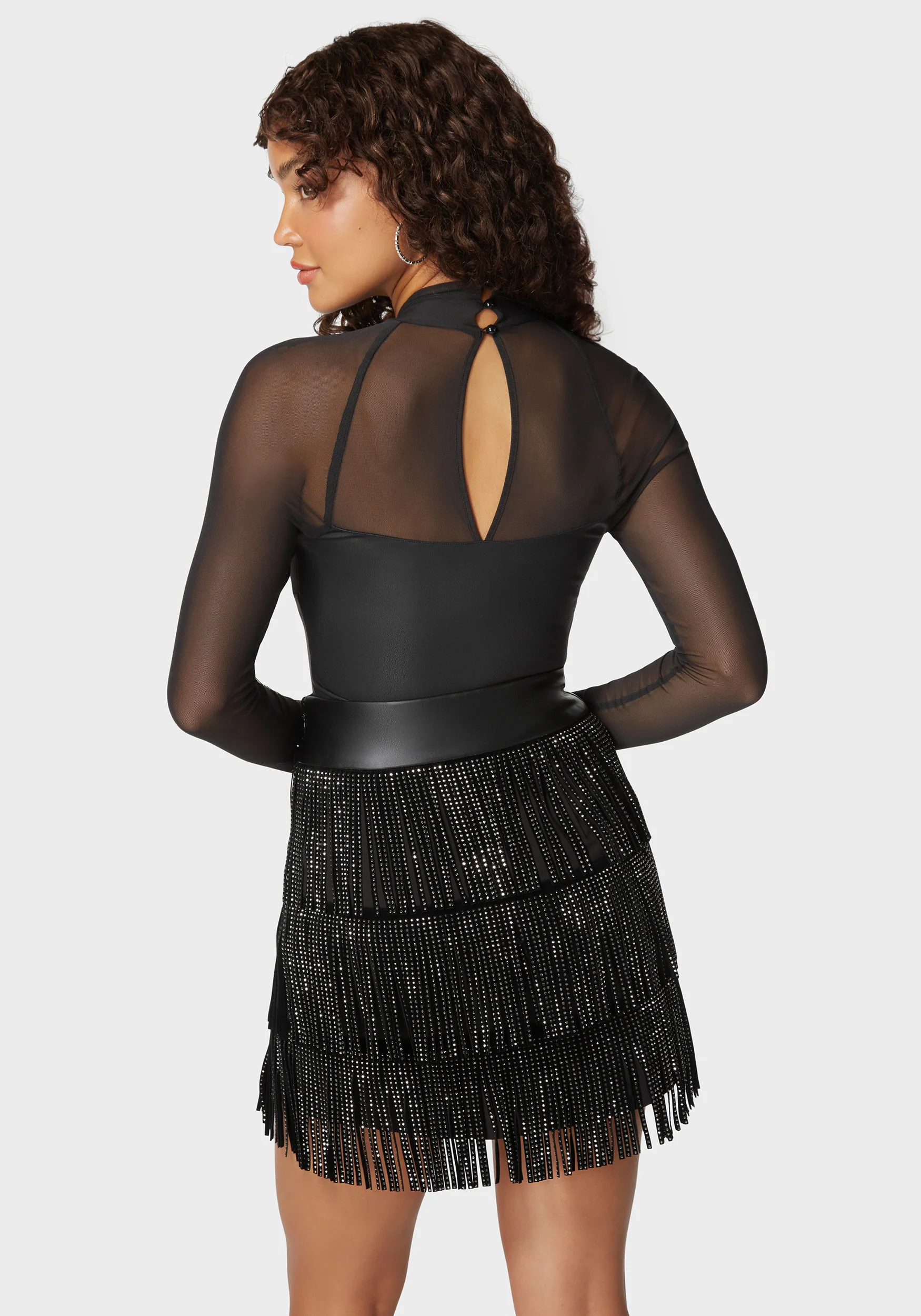 Coated Knit Combo Mesh Halter Neck Bodysuit - Image 3