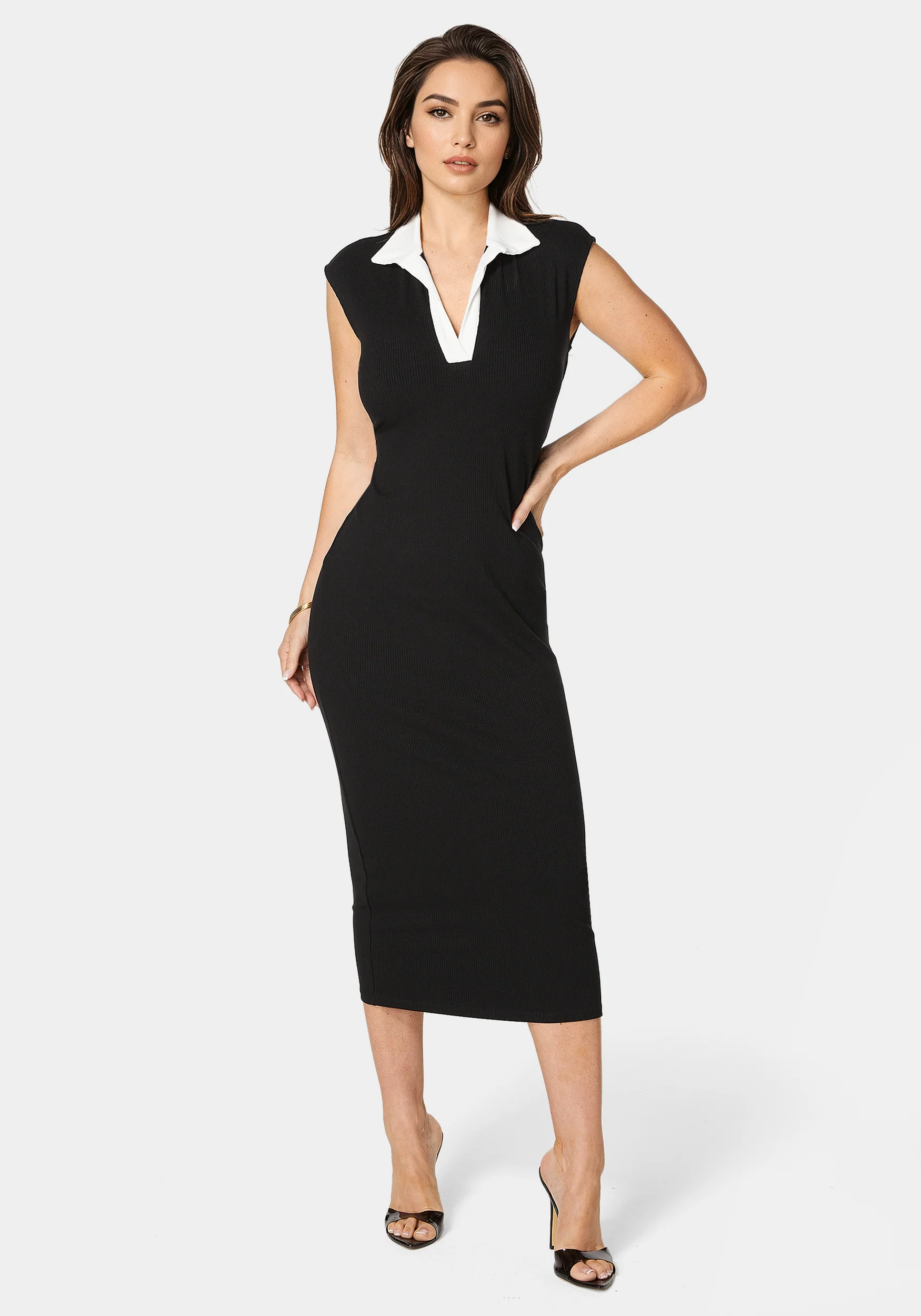 Colorblock Rib Column Dress With Collar