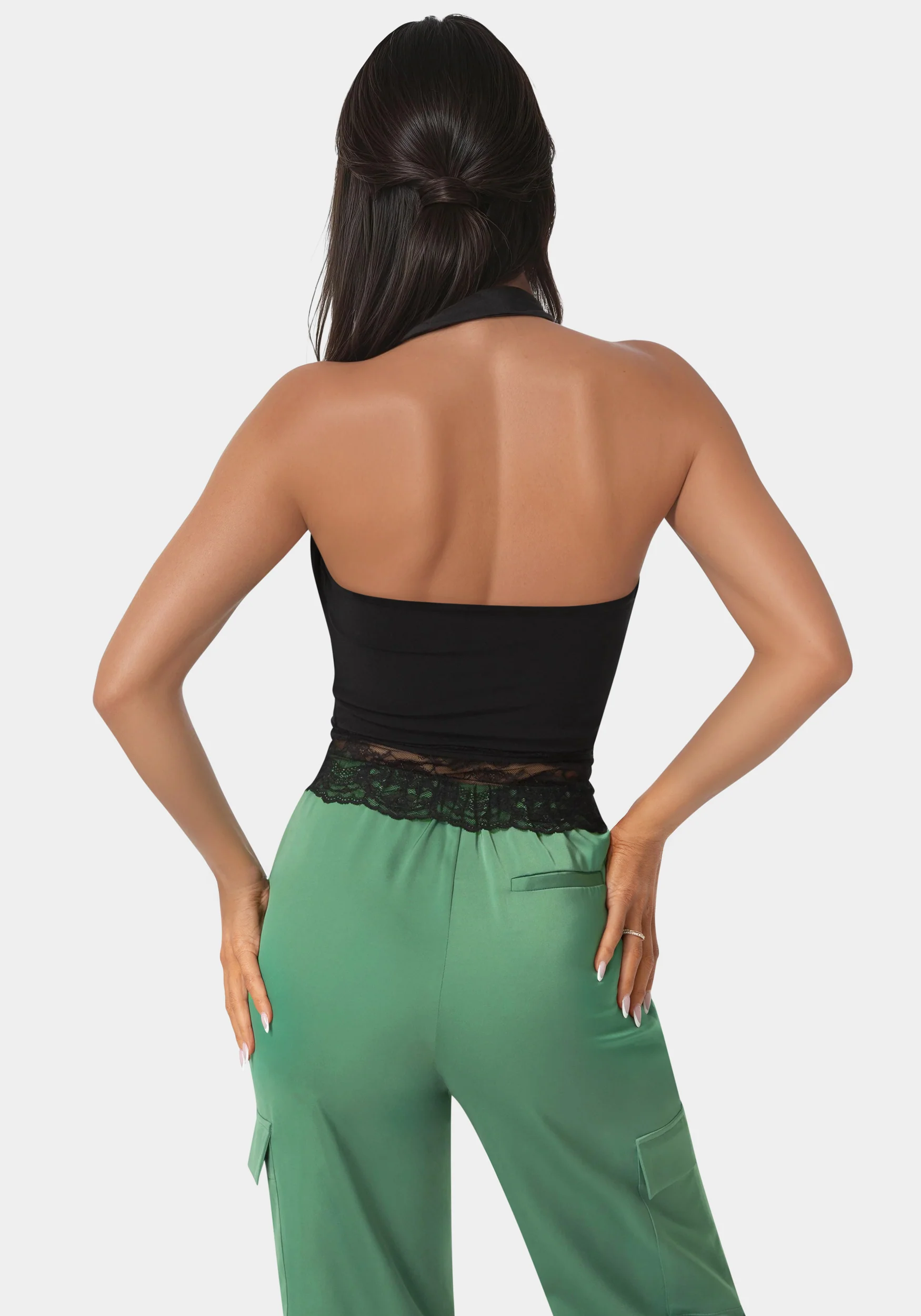 Cowl Neck Lace Layered Halter Top - Image 2