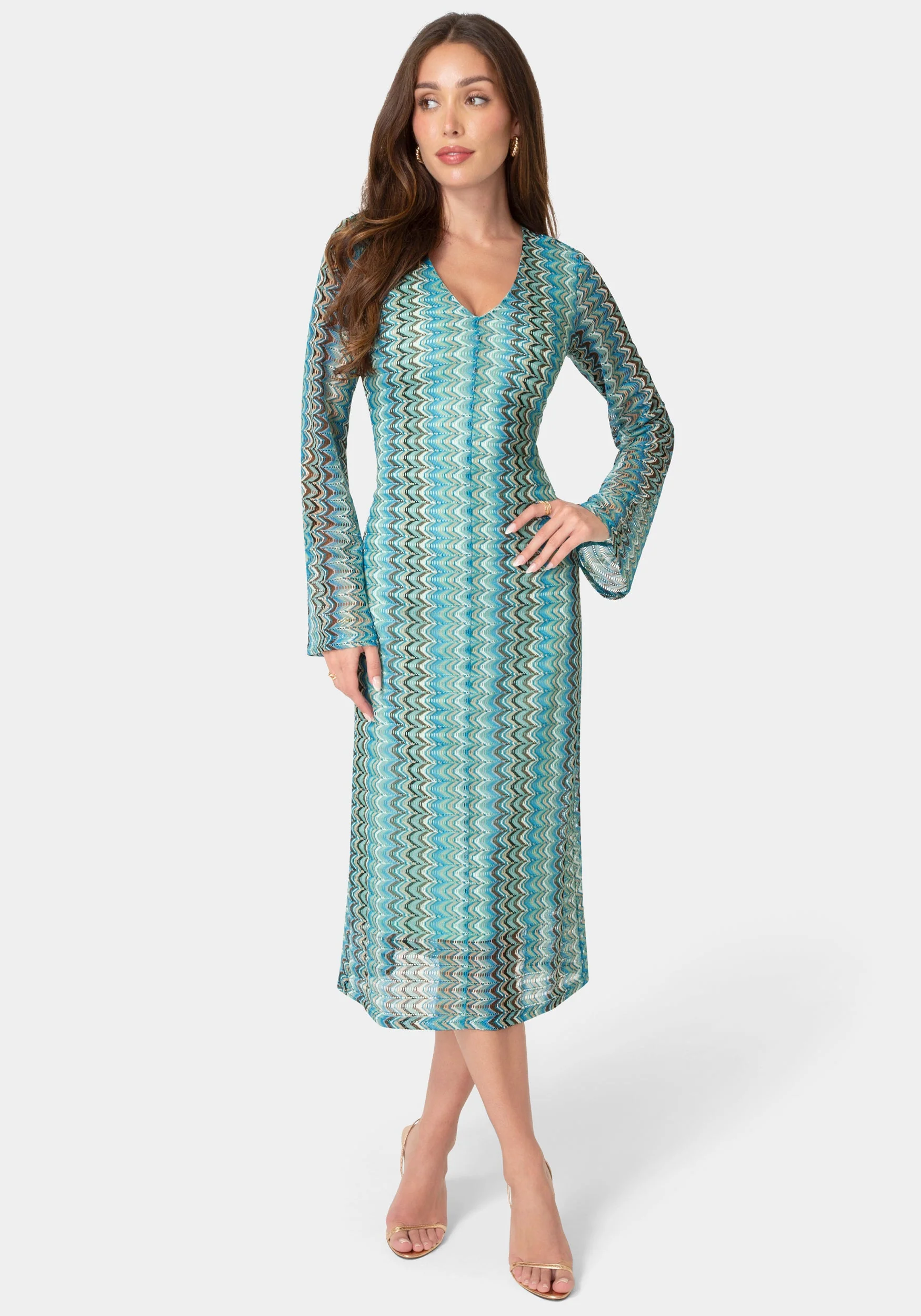 Crochet Stripe Bell Sleeve Maxi Dress