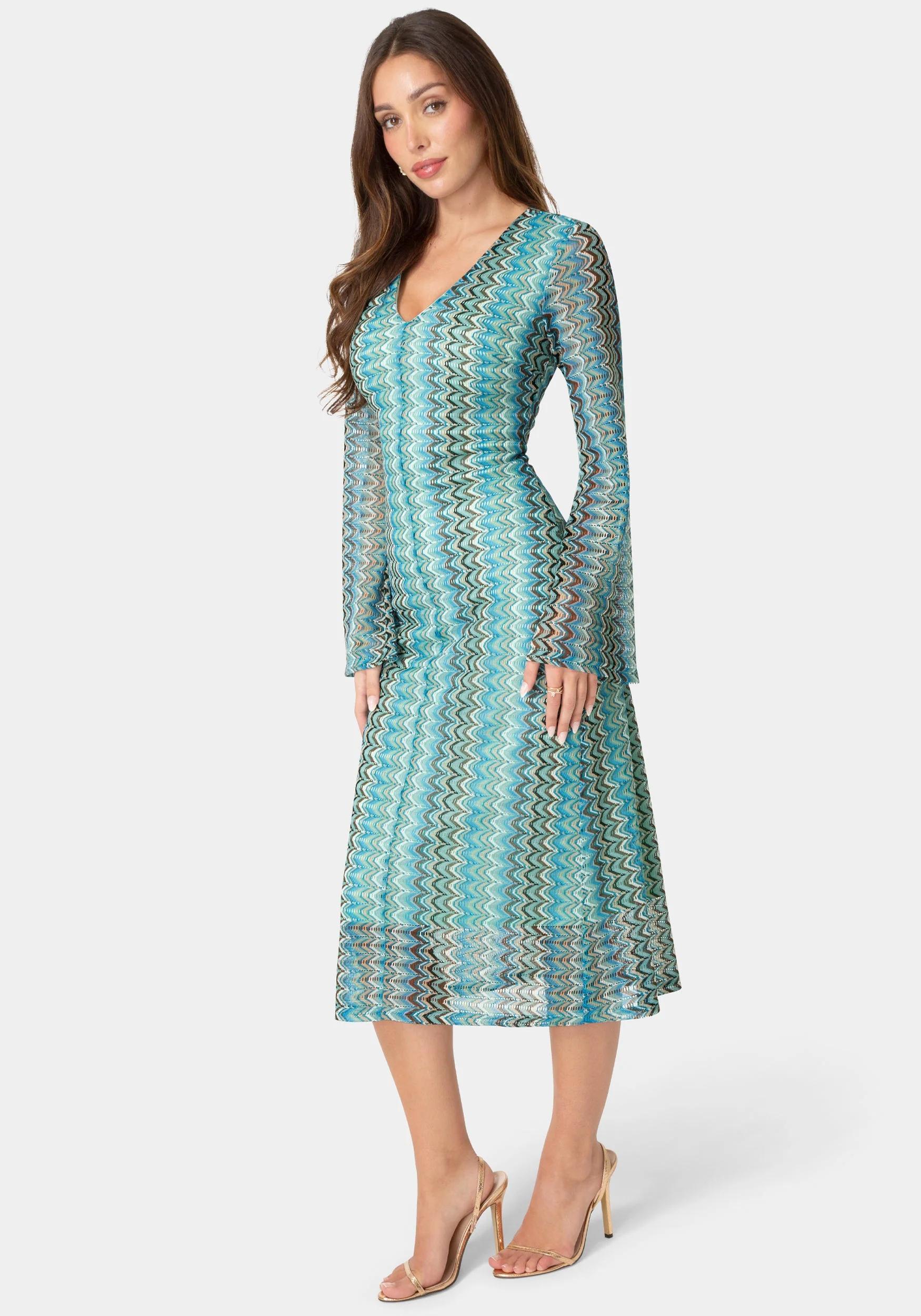 Crochet Stripe Bell Sleeve Maxi Dress - Image 2