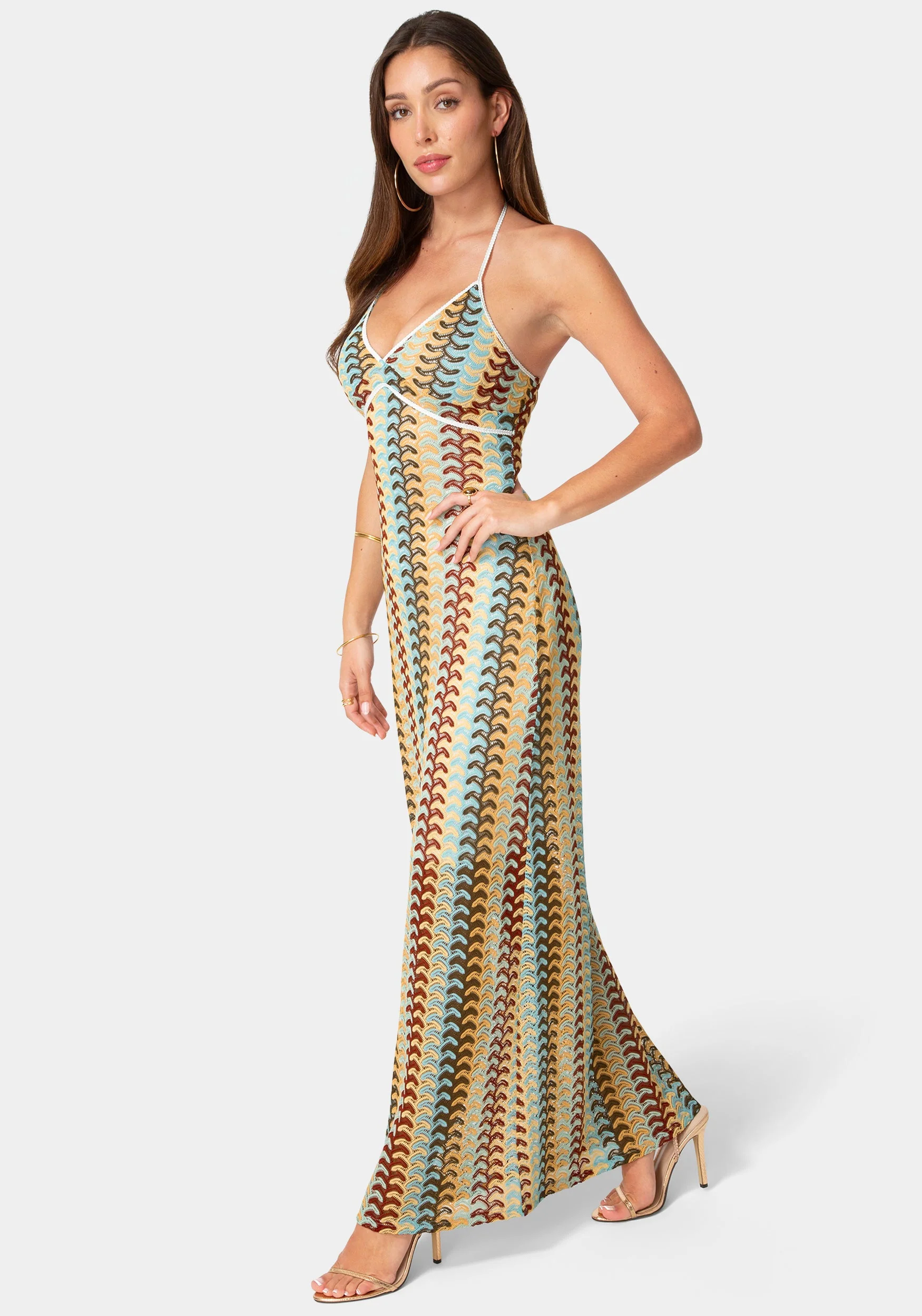 Crochet Stripe Halter A-Line Maxi Dress - Image 2