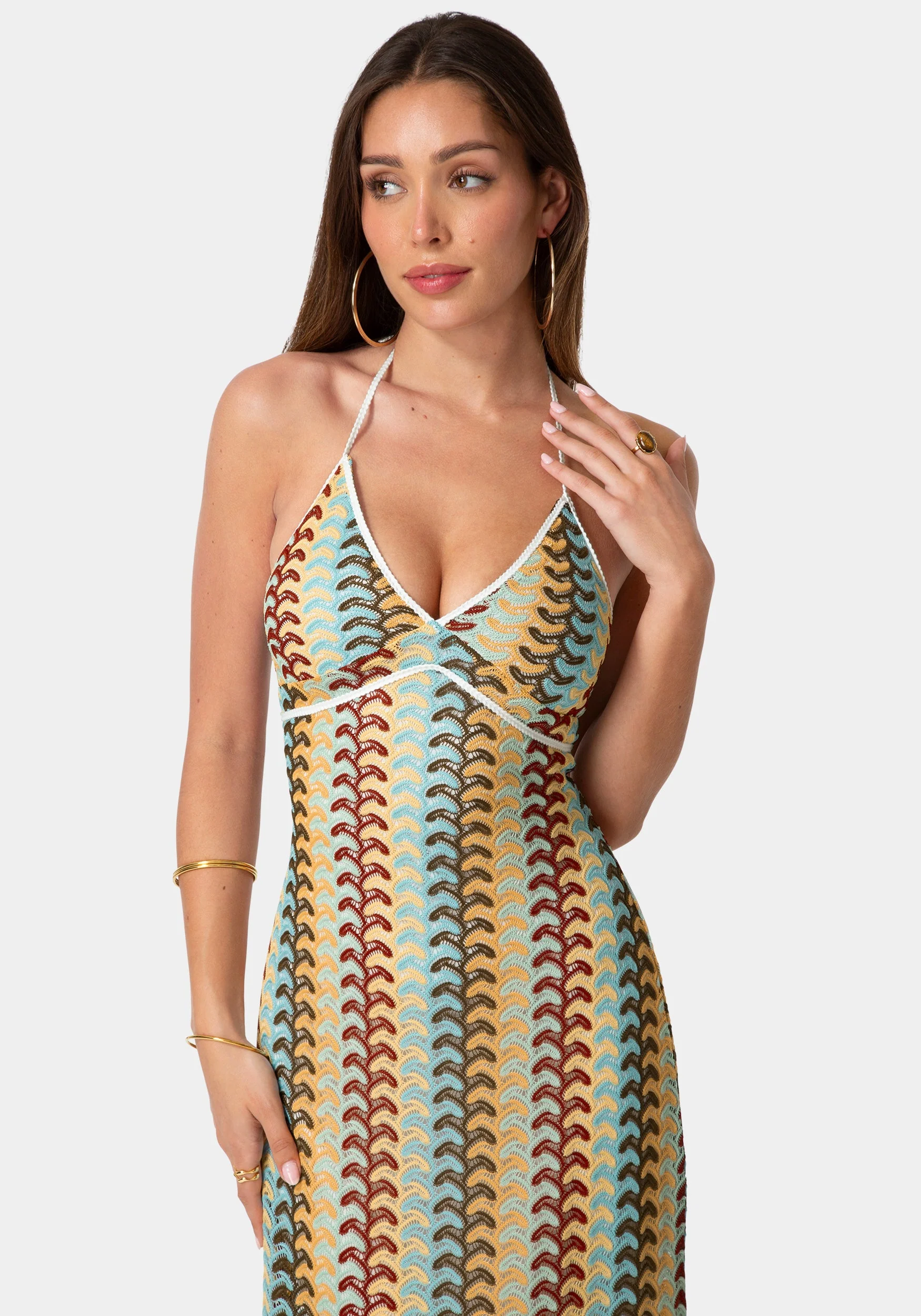 Crochet Stripe Halter A-Line Maxi Dress - Image 4