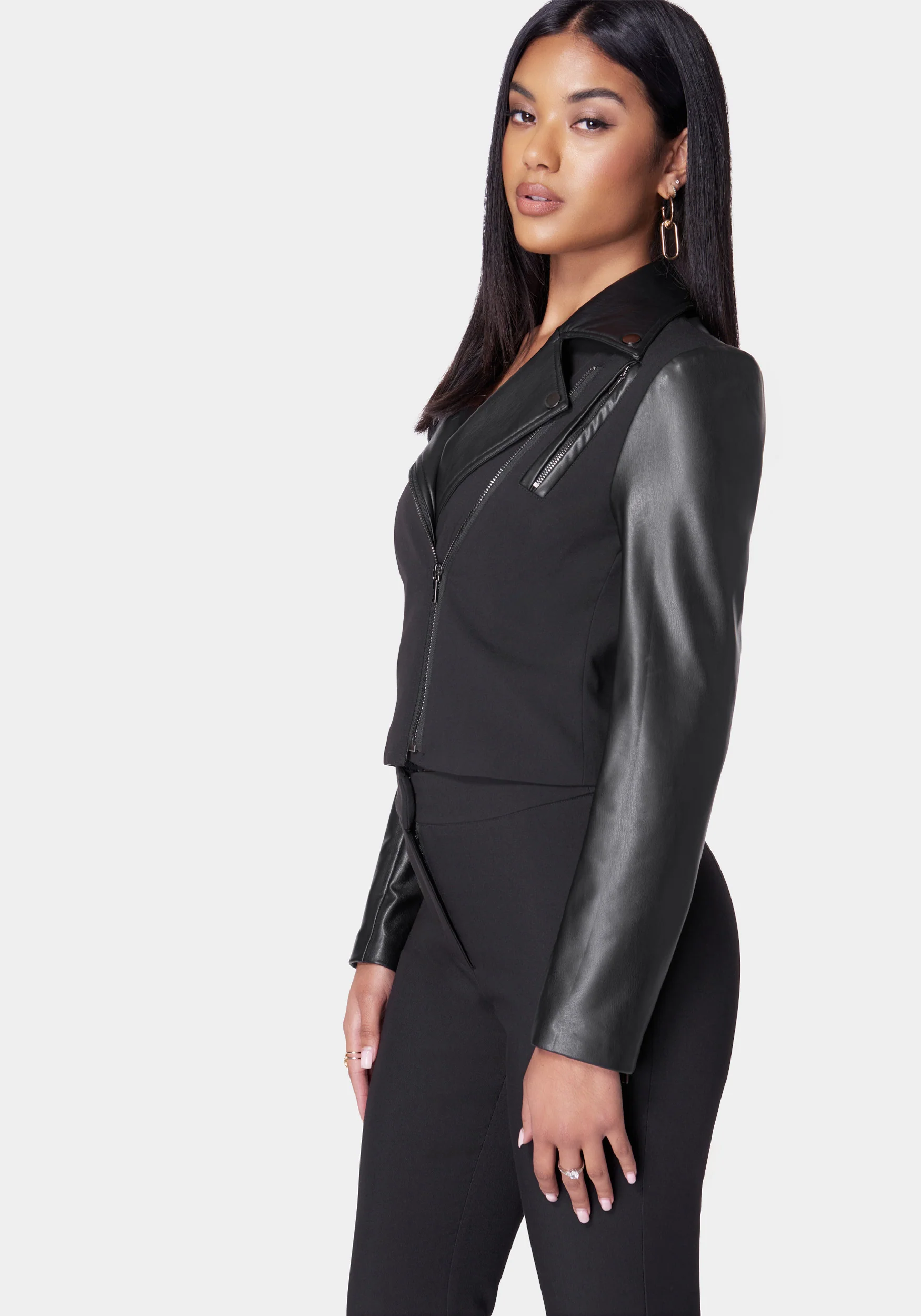 Cropped Vegan Leather Combo Tailored Moto Blazer - Image 2
