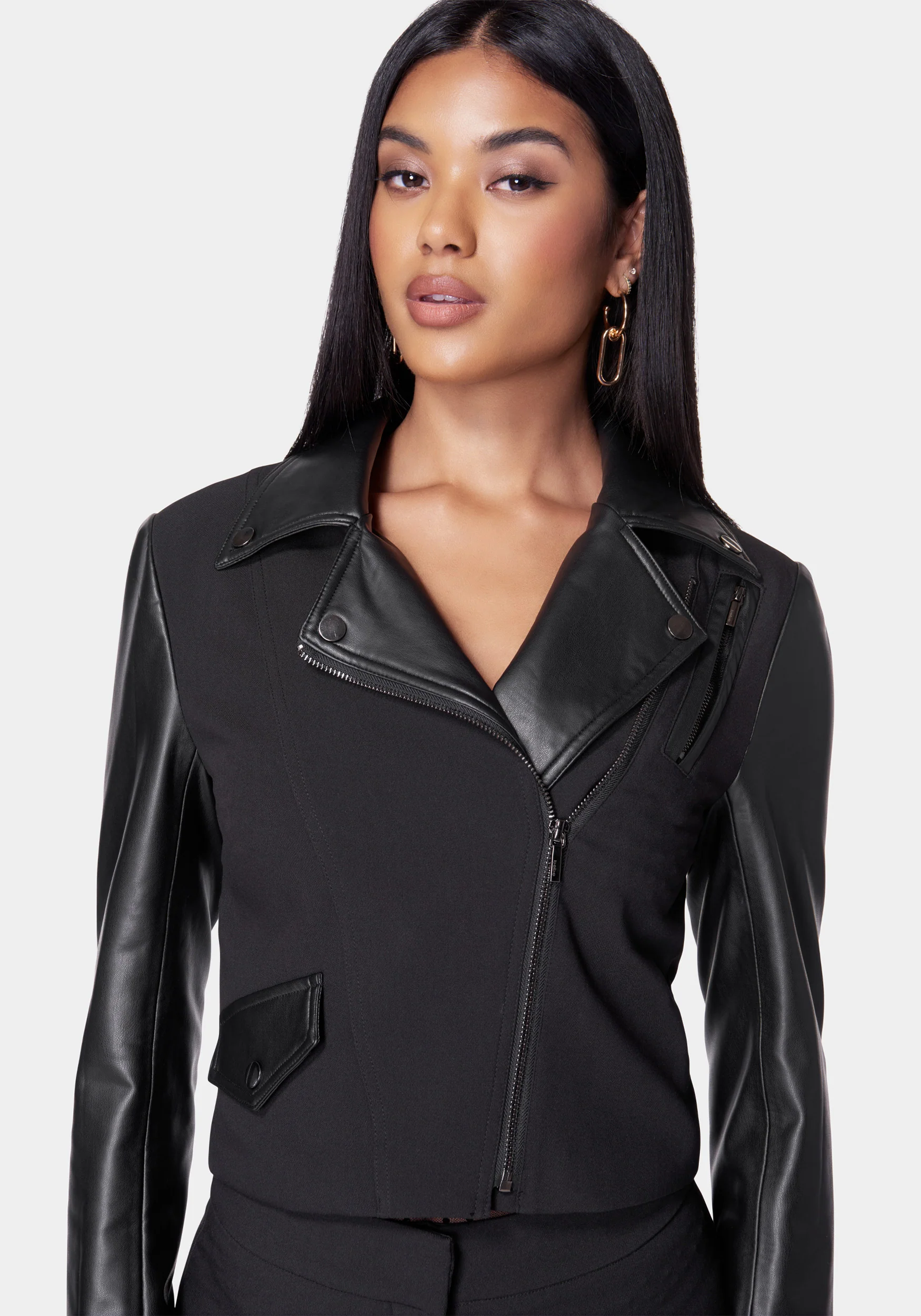 Cropped Vegan Leather Combo Tailored Moto Blazer - Image 4