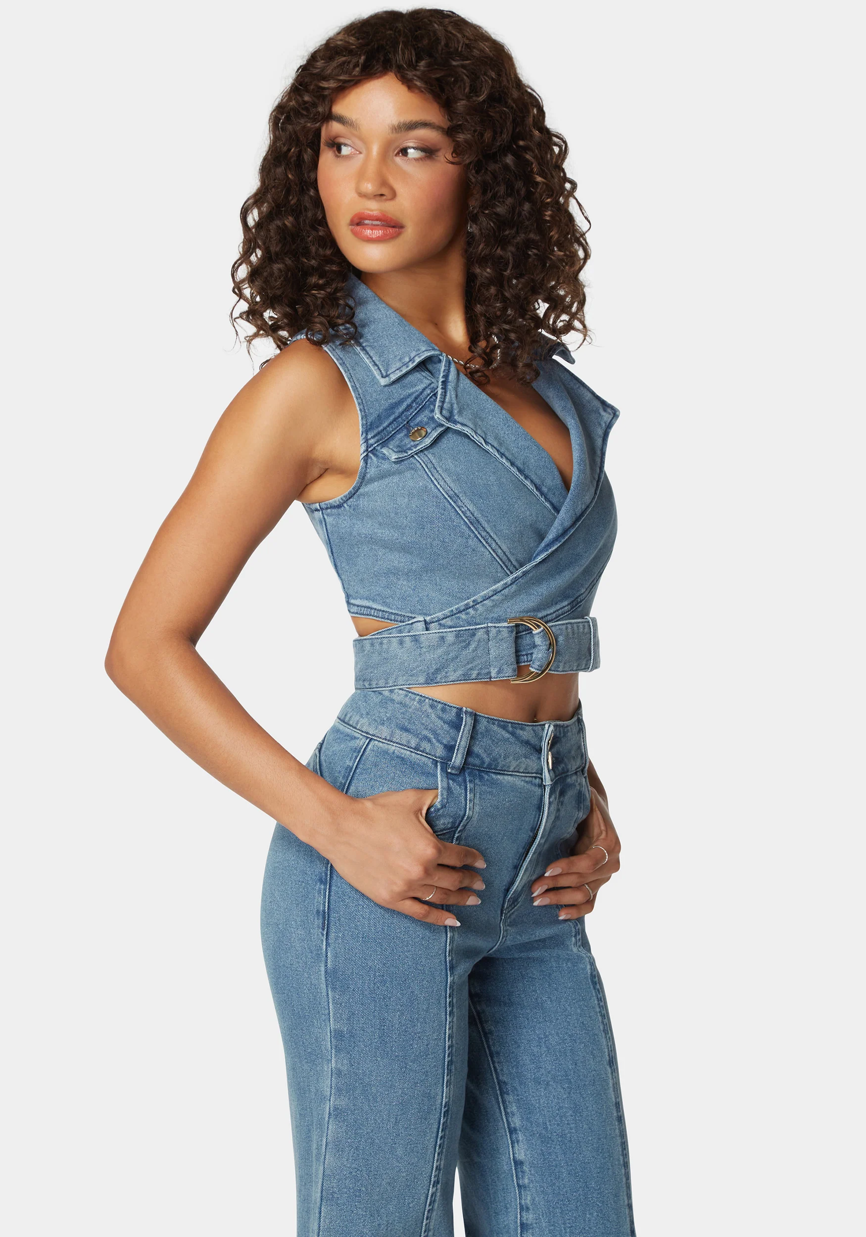 D Ring Belt Denim Wrap Top - Image 2