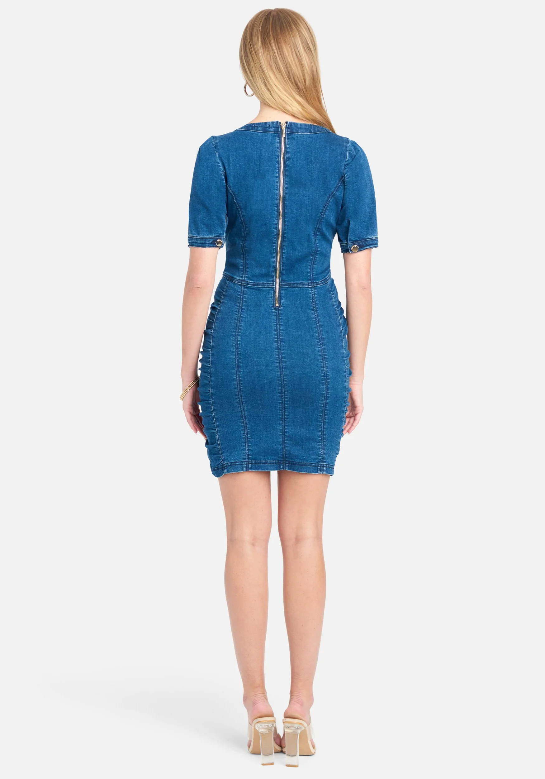 Deep V Ruched Denim Dress - Image 3