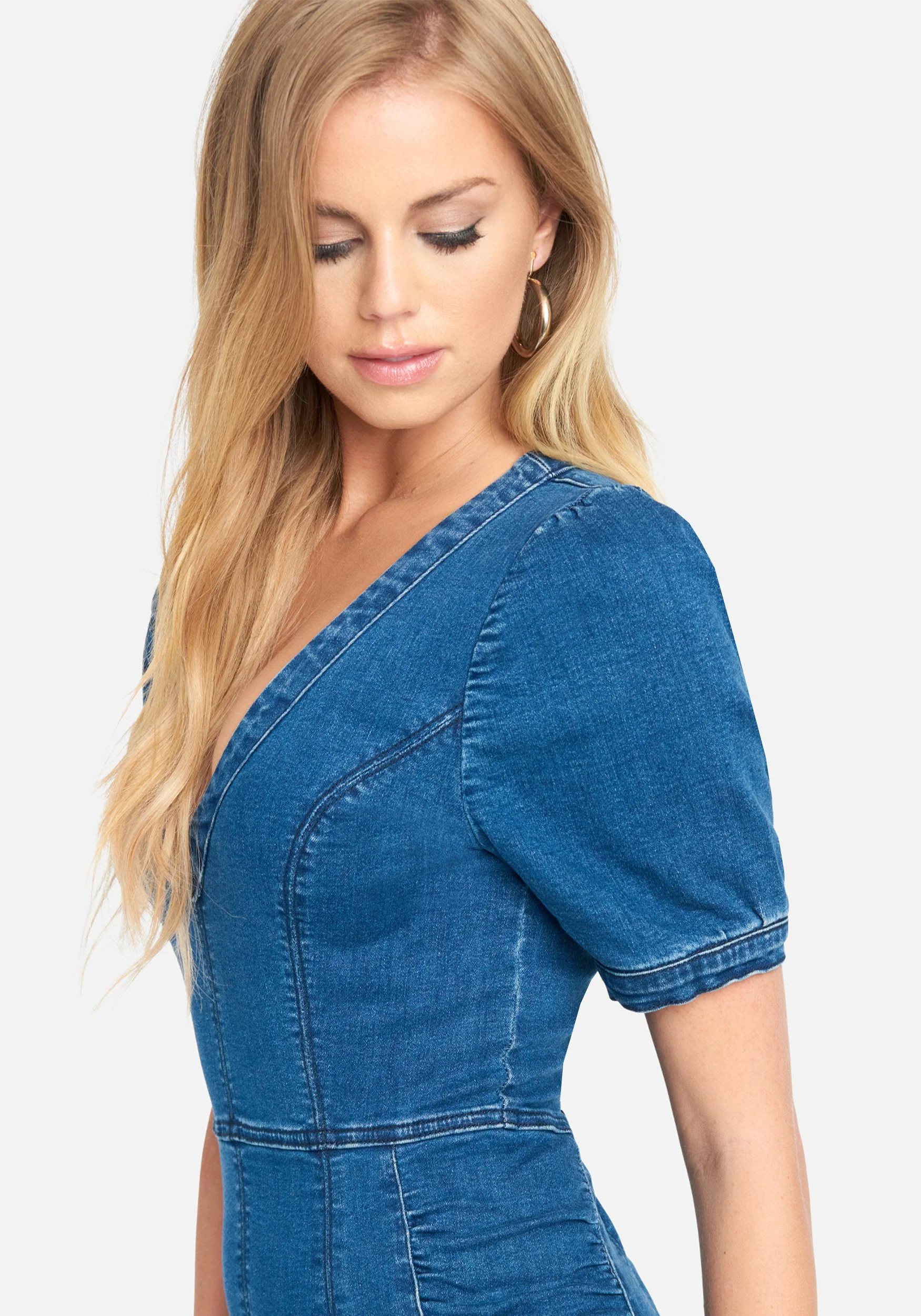 Deep V Ruched Denim Dress - Image 4