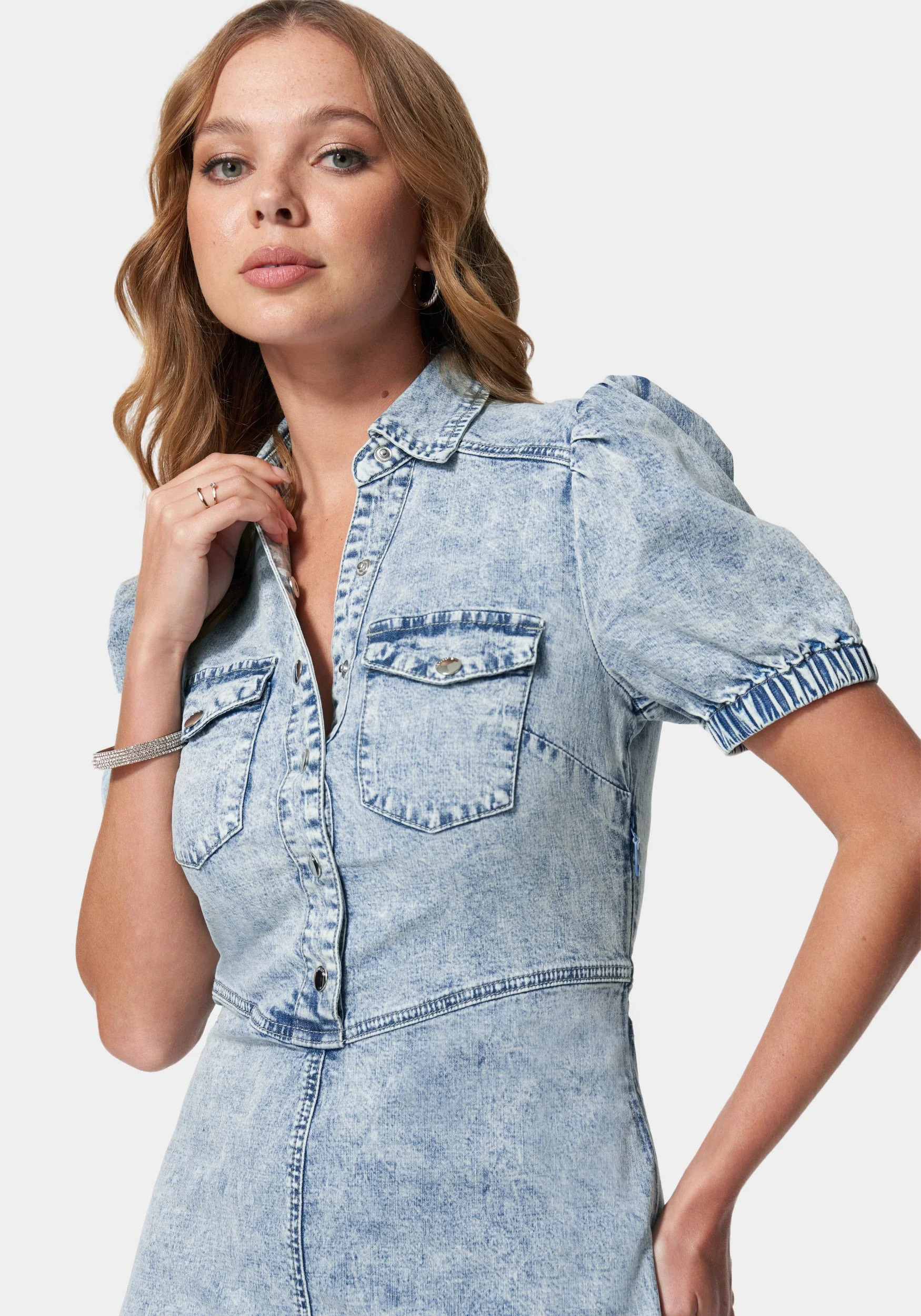 Denim Button Down Puff Sleeve Dress - Image 4