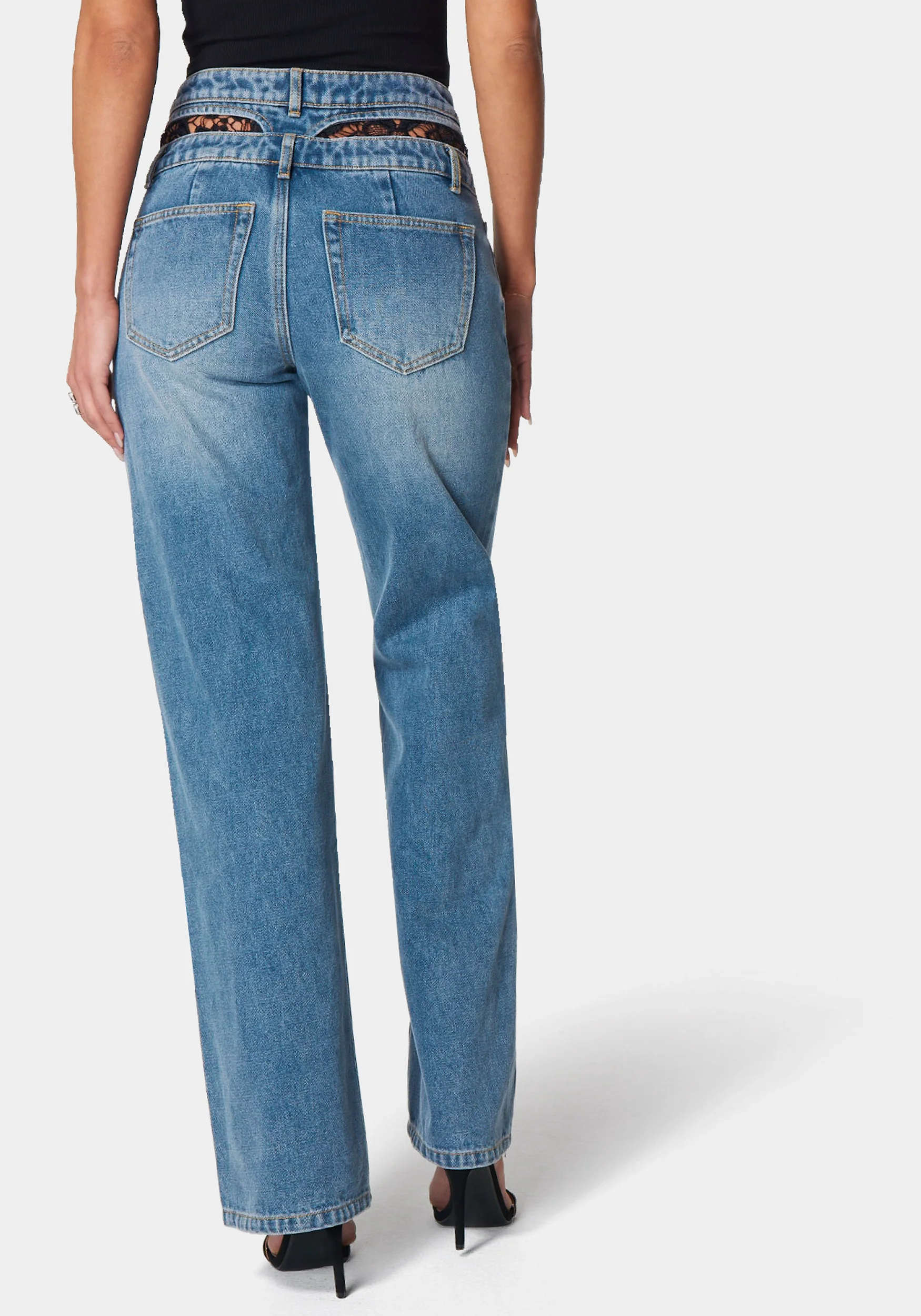 Double High Waistband Lace Insert Wide Leg Jeans - Image 3