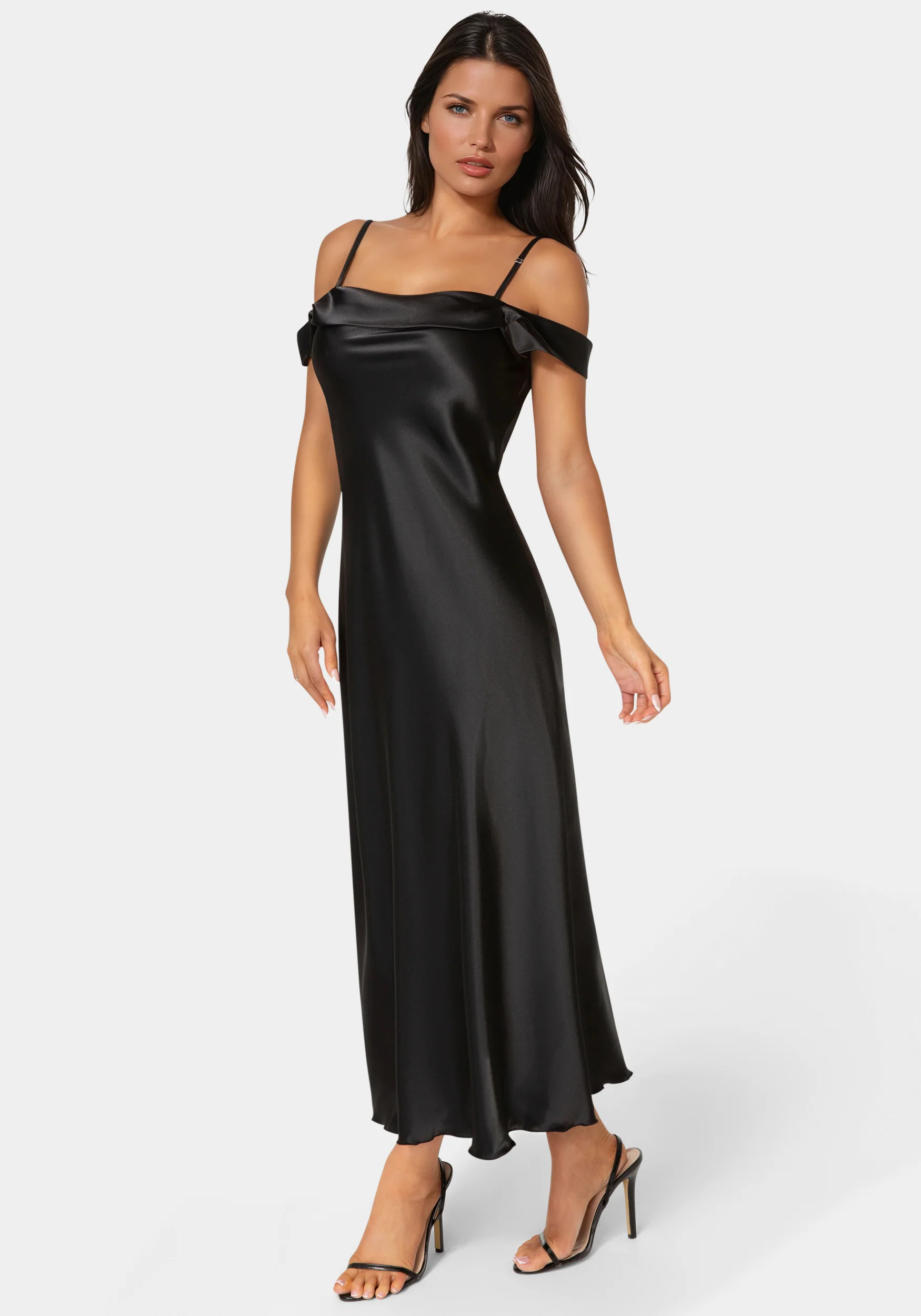 Drape Shoulder High Slit Satin Maxi Dress - Image 2