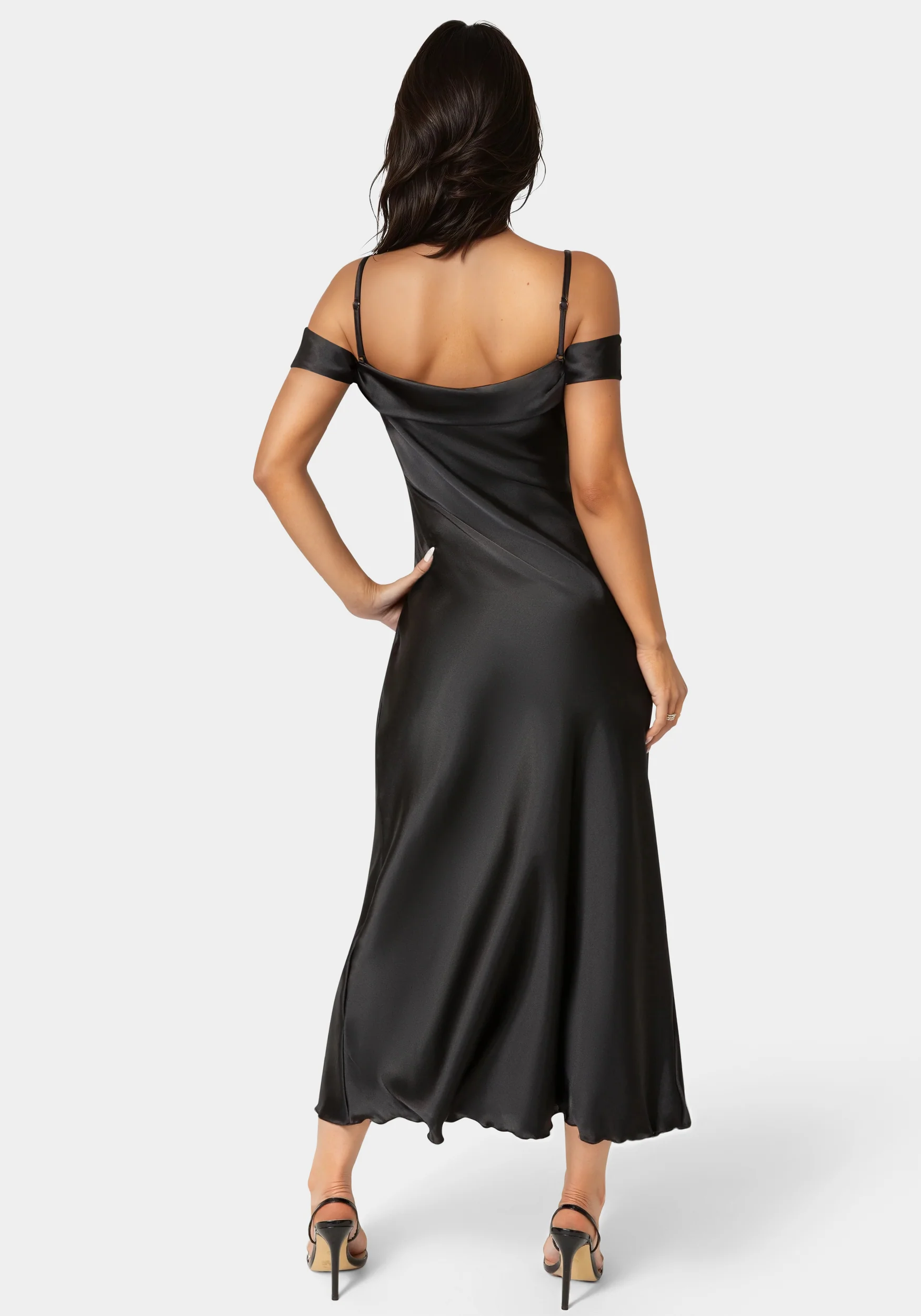 Drape Shoulder High Slit Satin Maxi Dress - Image 3