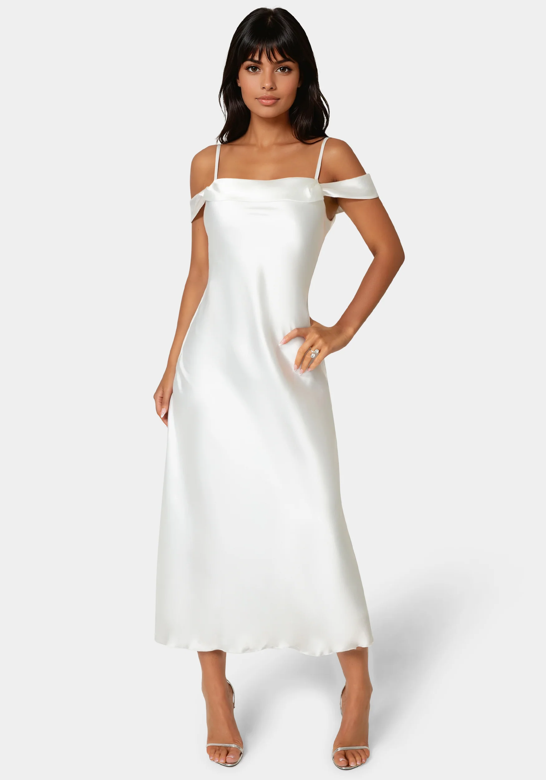 Drape Shoulder High Slit Satin Maxi Dress