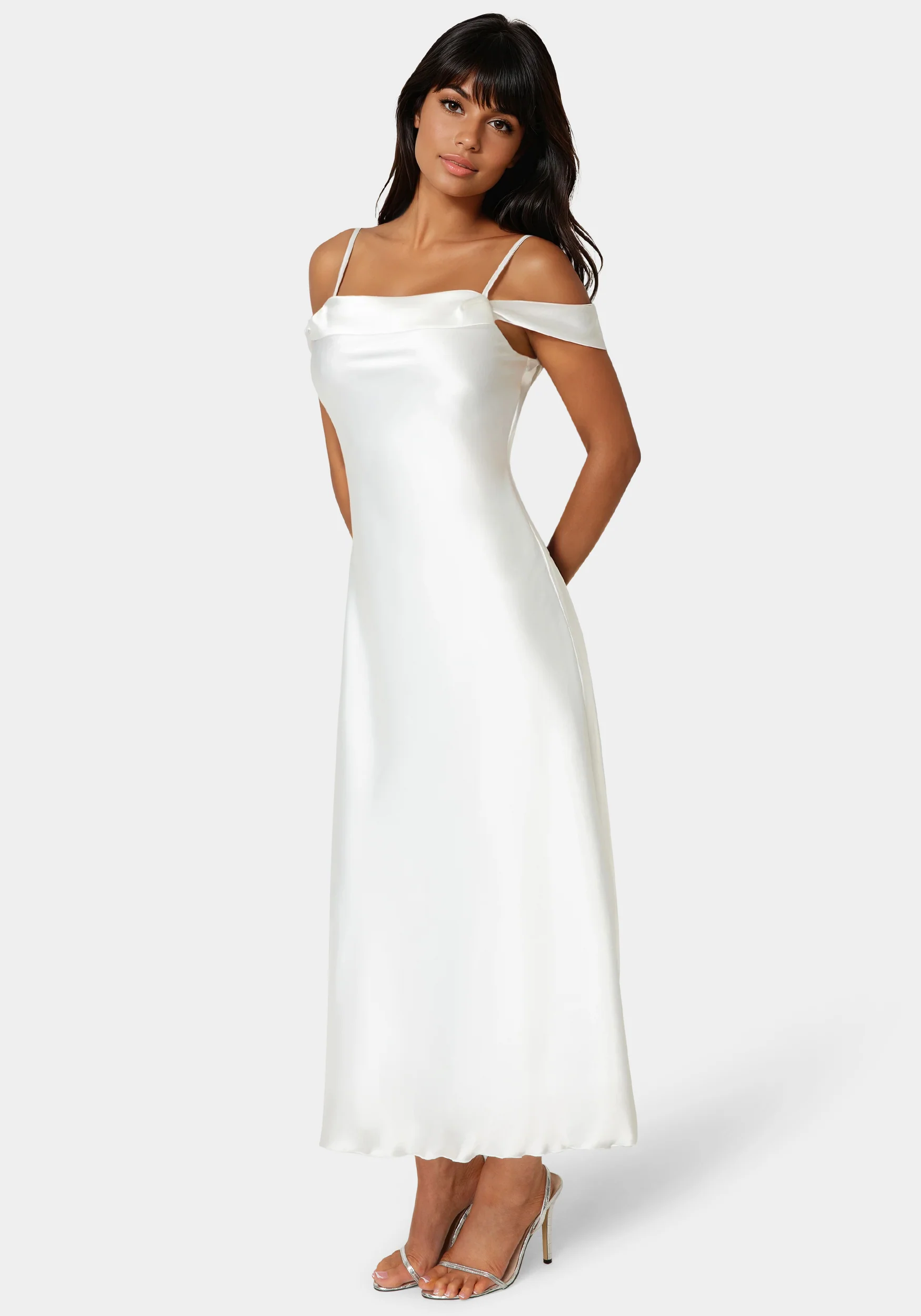 Drape Shoulder High Slit Satin Maxi Dress - Image 2