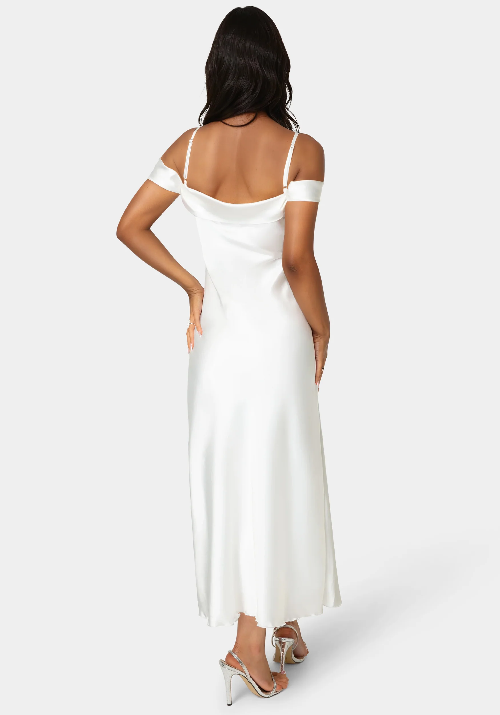 Drape Shoulder High Slit Satin Maxi Dress - Image 3