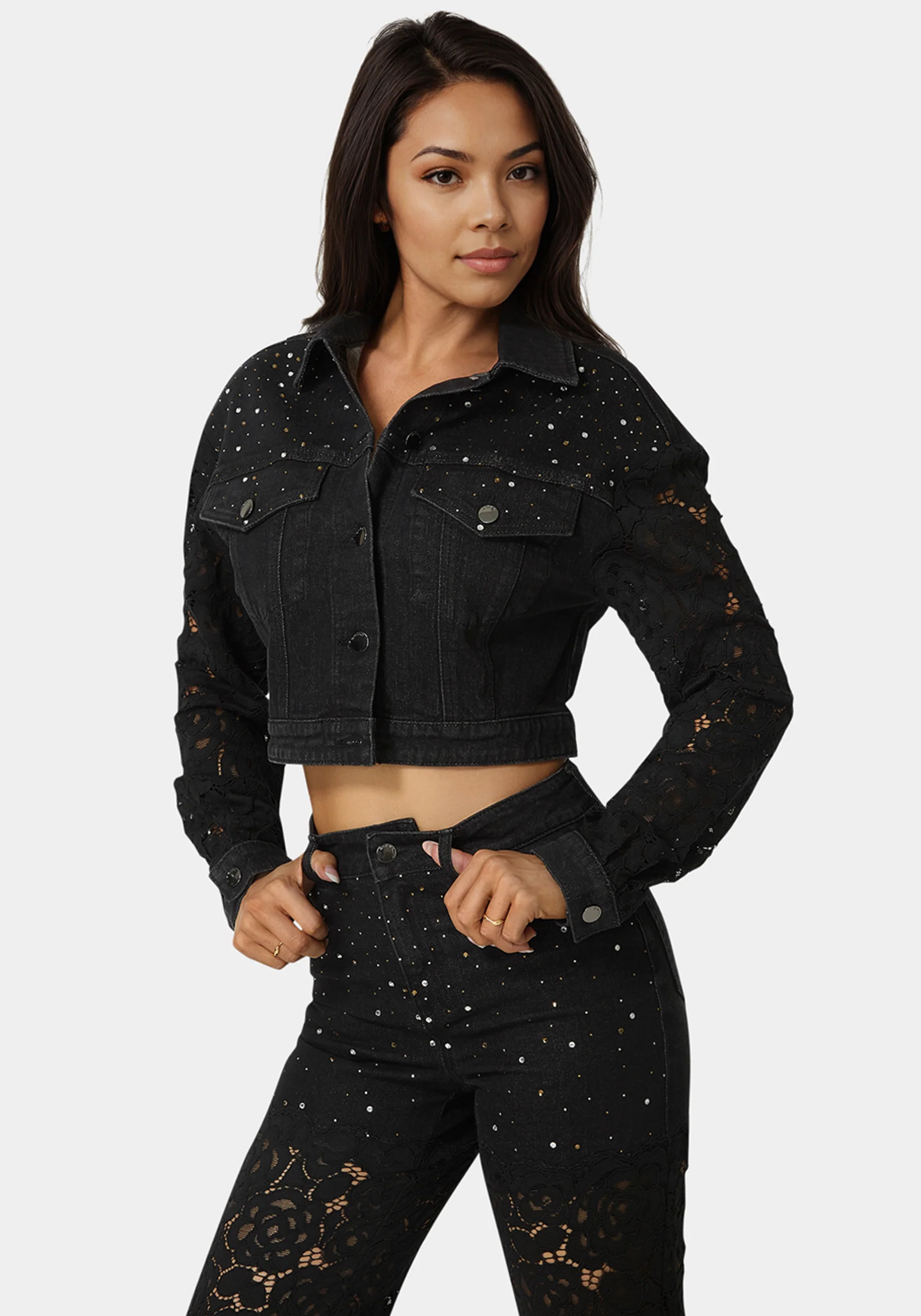 Drop Shoulder Embellished Lace Denim Jacket - Image 3