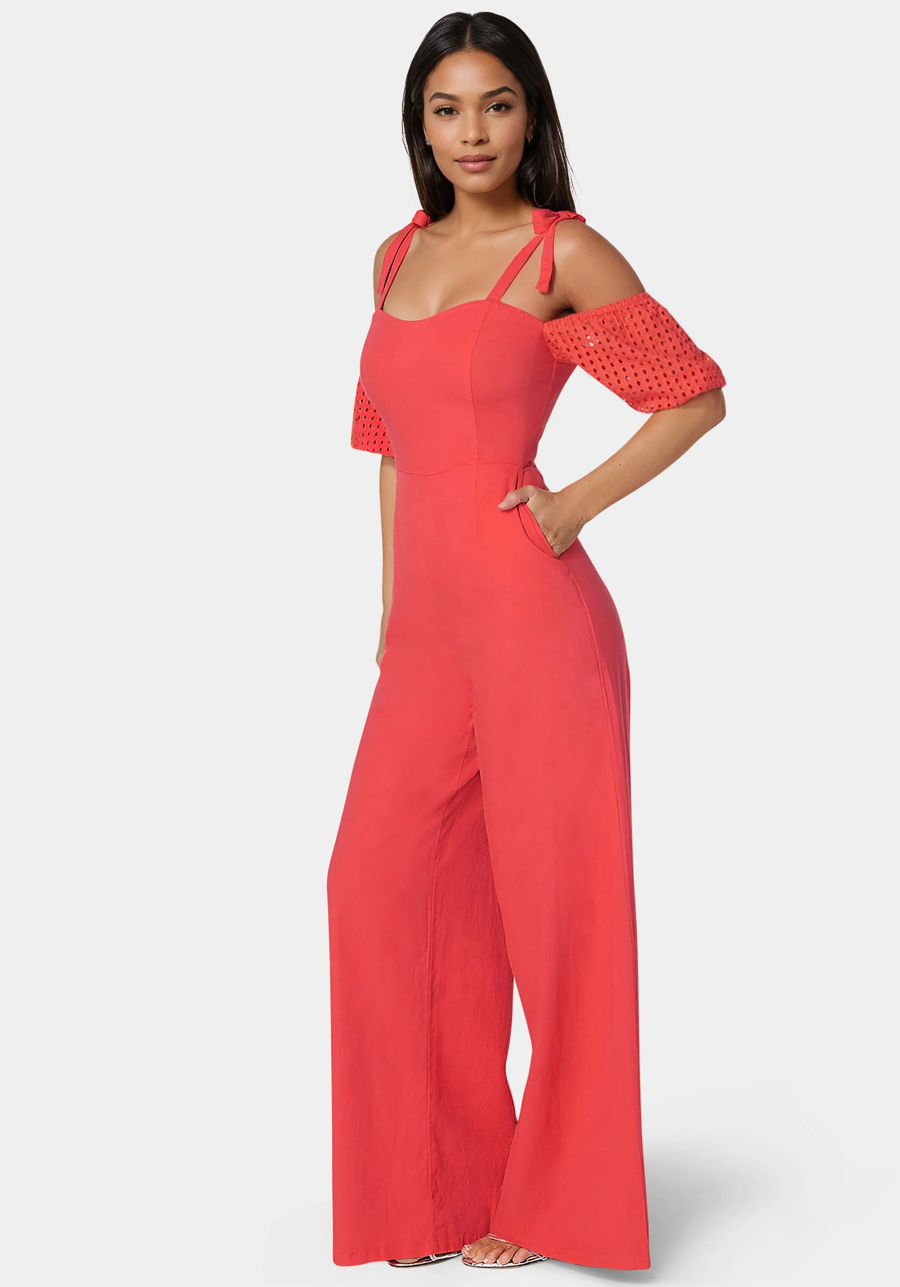 Embroidered Cotton Puff Sleeve Full Wide Leg Jumpsuit - Image 2