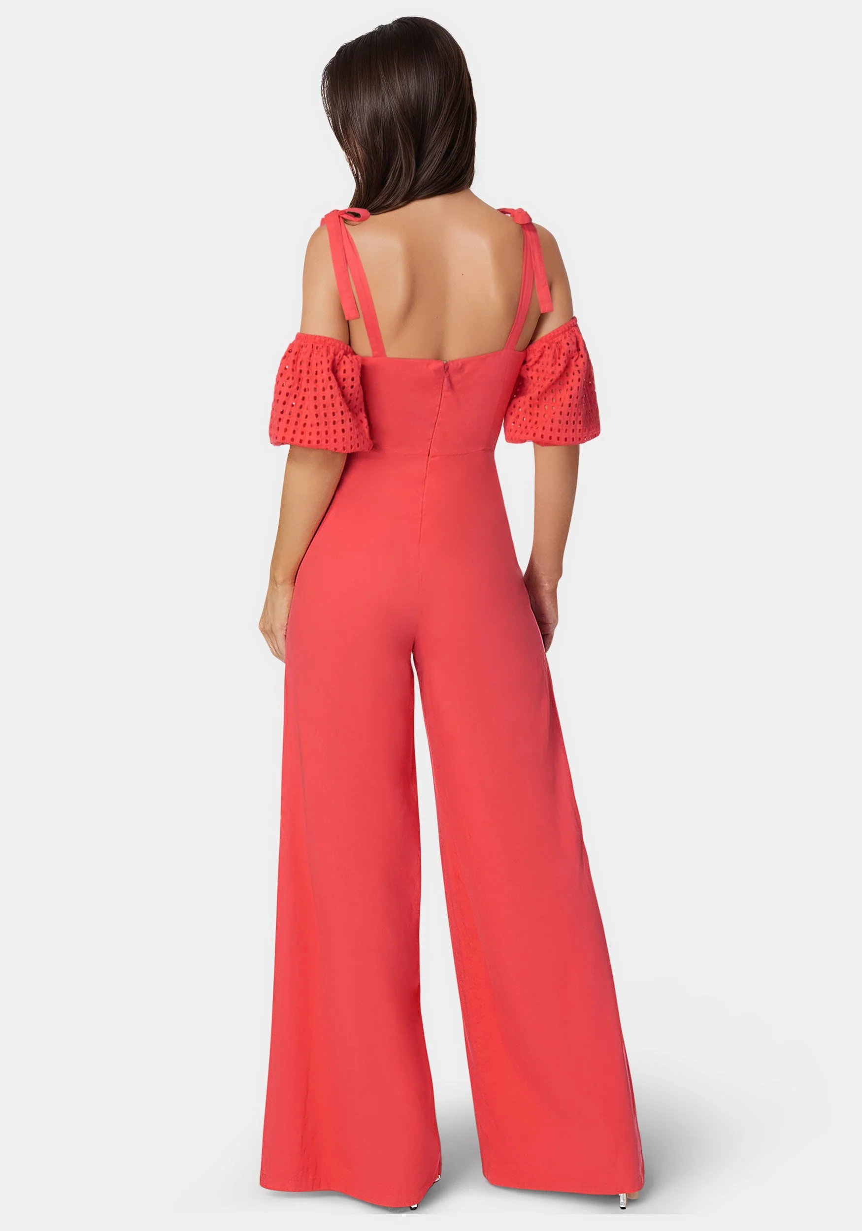 Embroidered Cotton Puff Sleeve Full Wide Leg Jumpsuit - Image 3