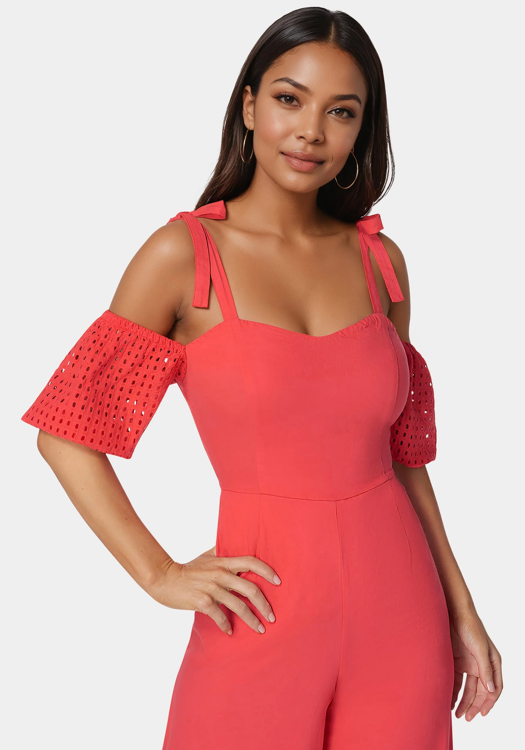 Embroidered Cotton Puff Sleeve Full Wide Leg Jumpsuit - Image 4