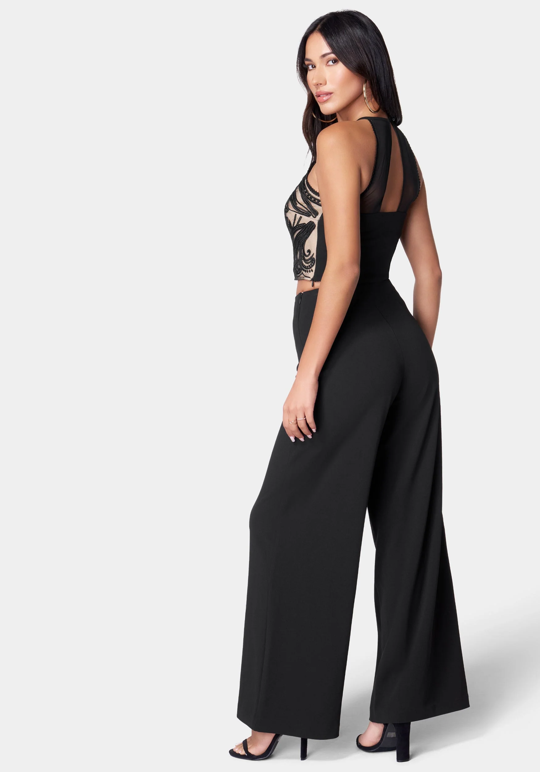 Embroidered Lace Trim Knit Crepe Palazzo Jumpsuit - Image 3