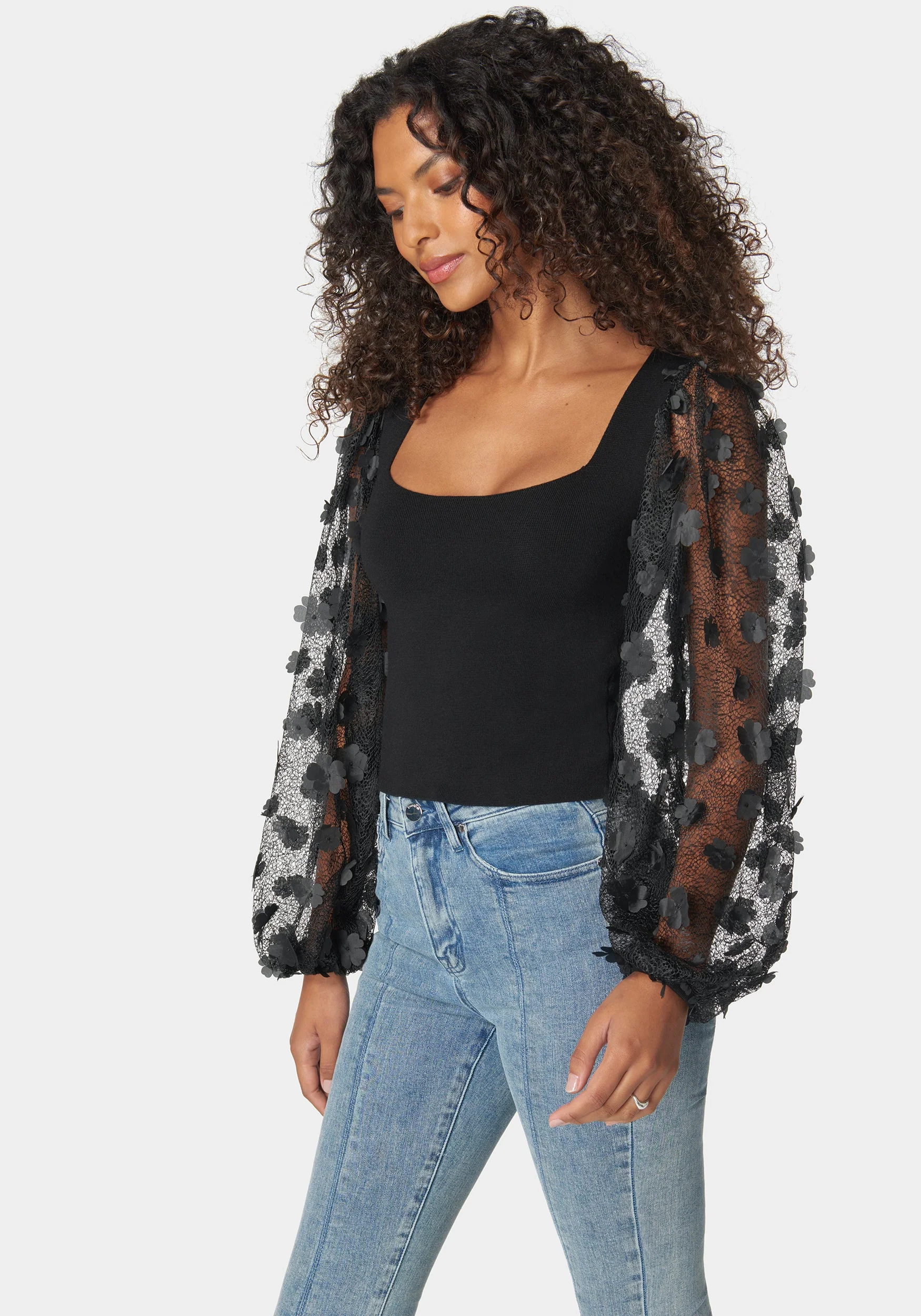 Embroidered Sleeves Square Neck Sweater - Image 2