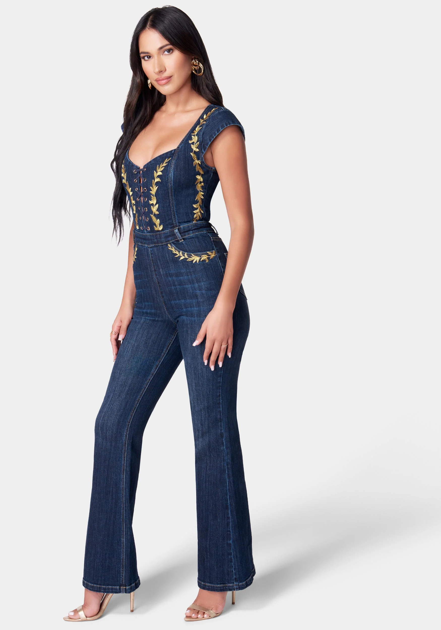 Embroidery Detail Sleeveless Flared Denim Jumpsuit - Image 2