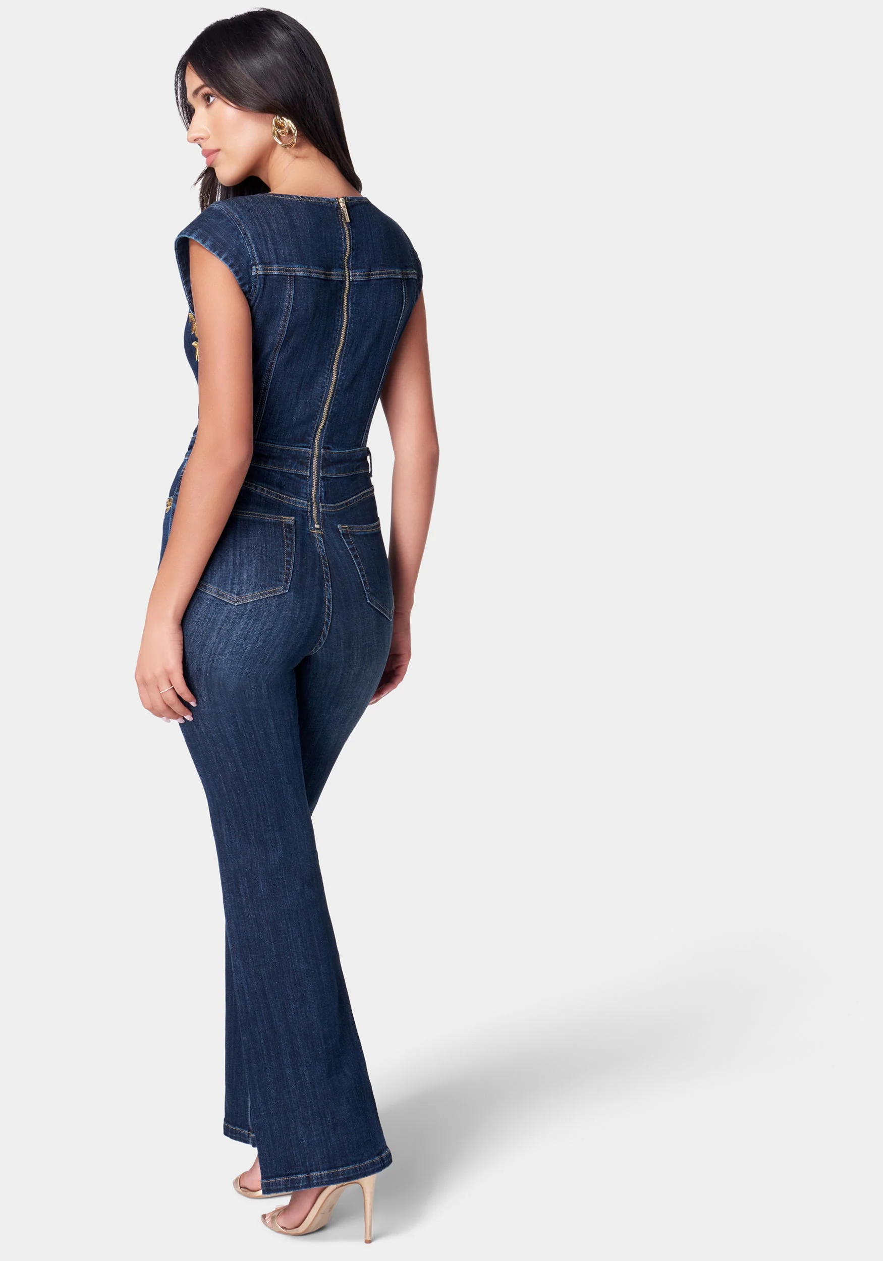 Embroidery Detail Sleeveless Flared Denim Jumpsuit - Image 3