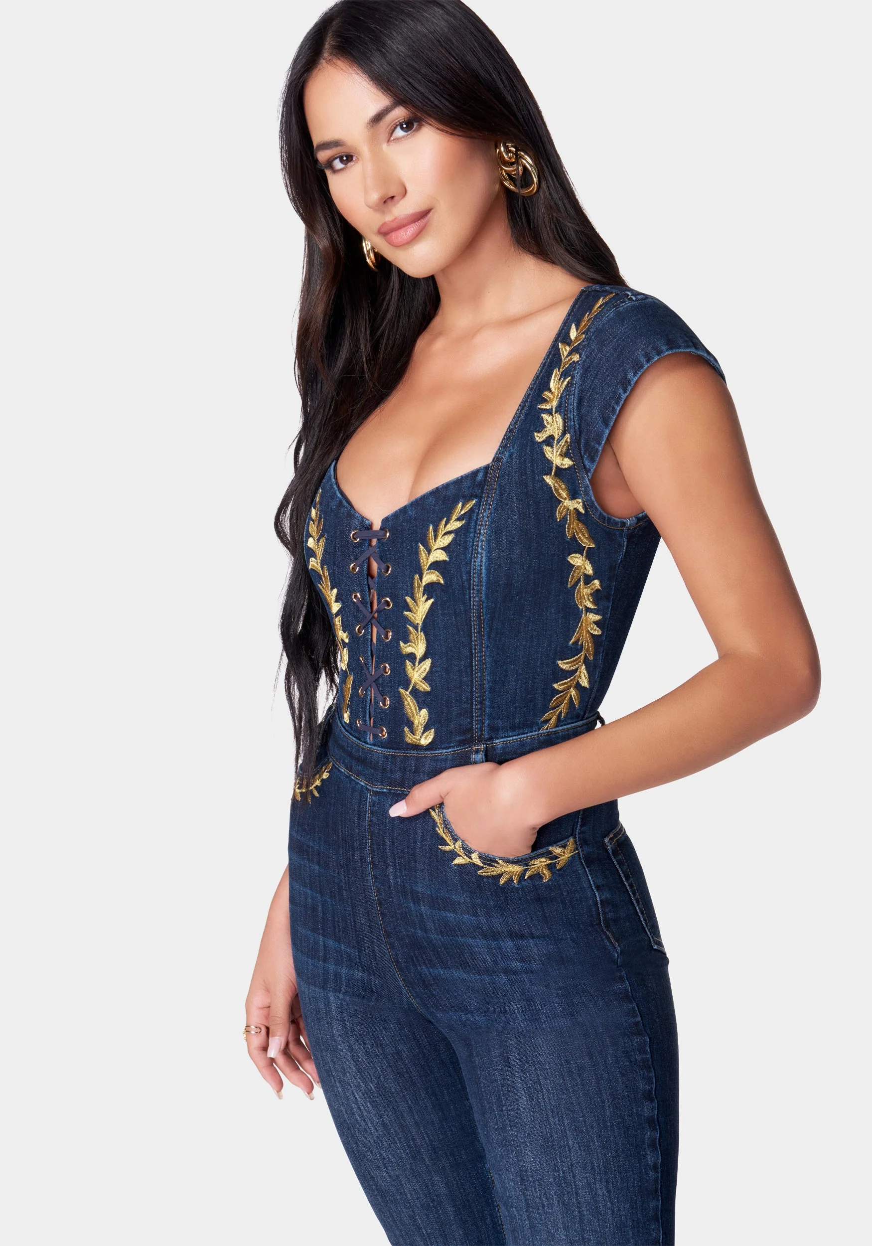 Embroidery Detail Sleeveless Flared Denim Jumpsuit - Image 4