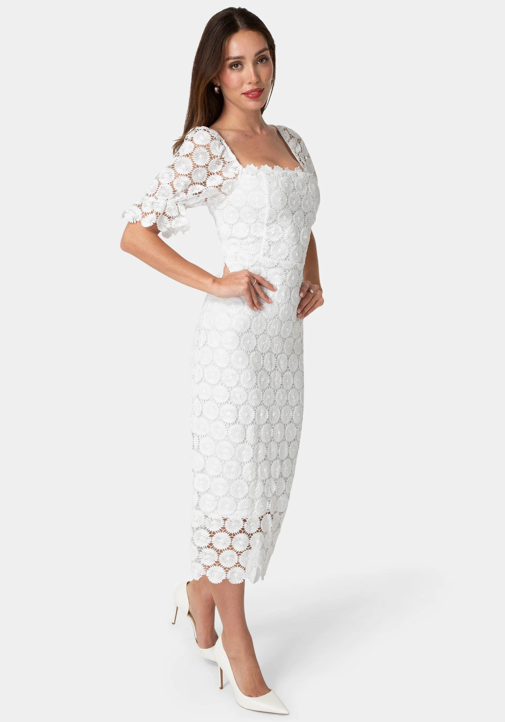 Eyelet Elbow Sleeve Midi Dress - Image 2