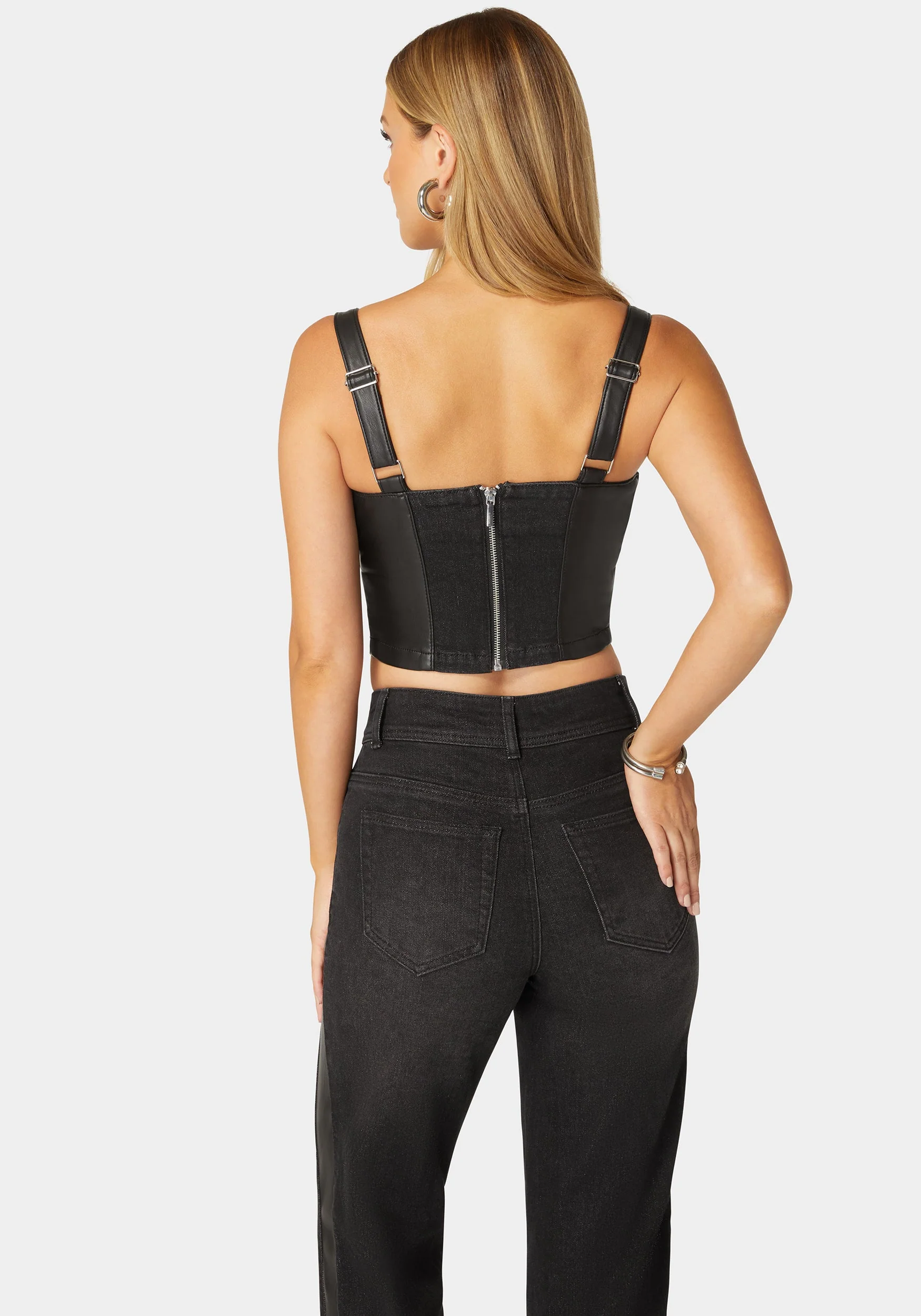 Eyelet Front Combo Vegan Leather Denim Corset - Image 3