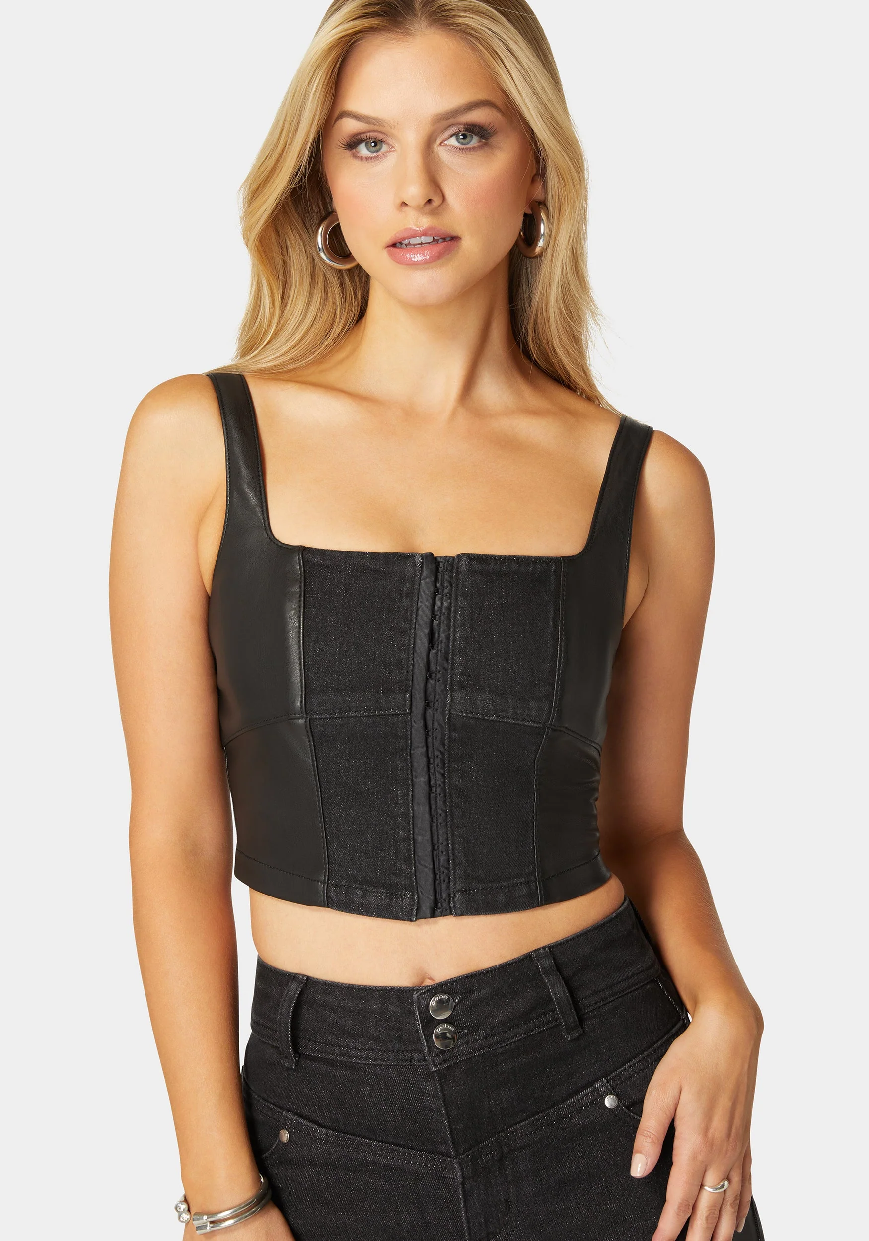 Eyelet Front Combo Vegan Leather Denim Corset - Image 4