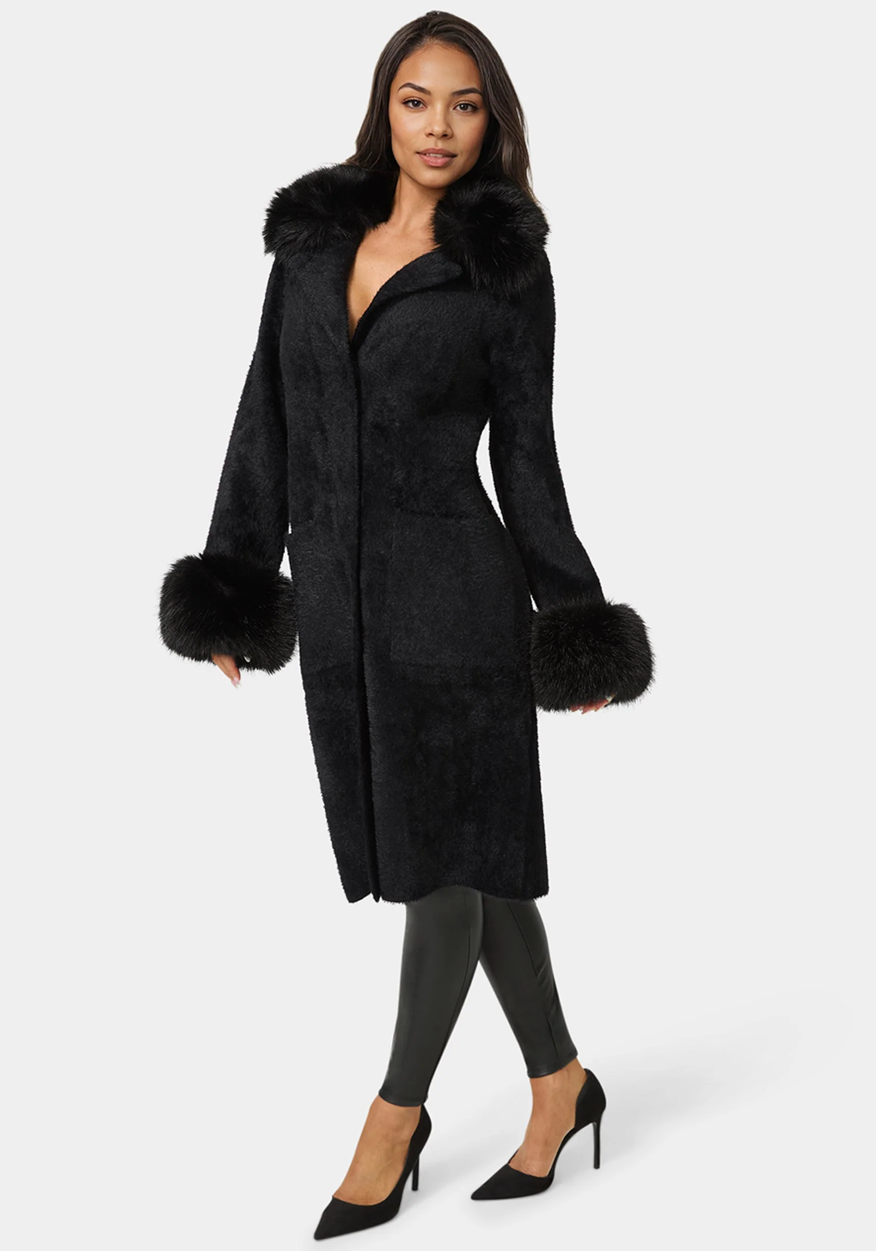 Faux Fur Collar And Cuff Long Coat - Image 2
