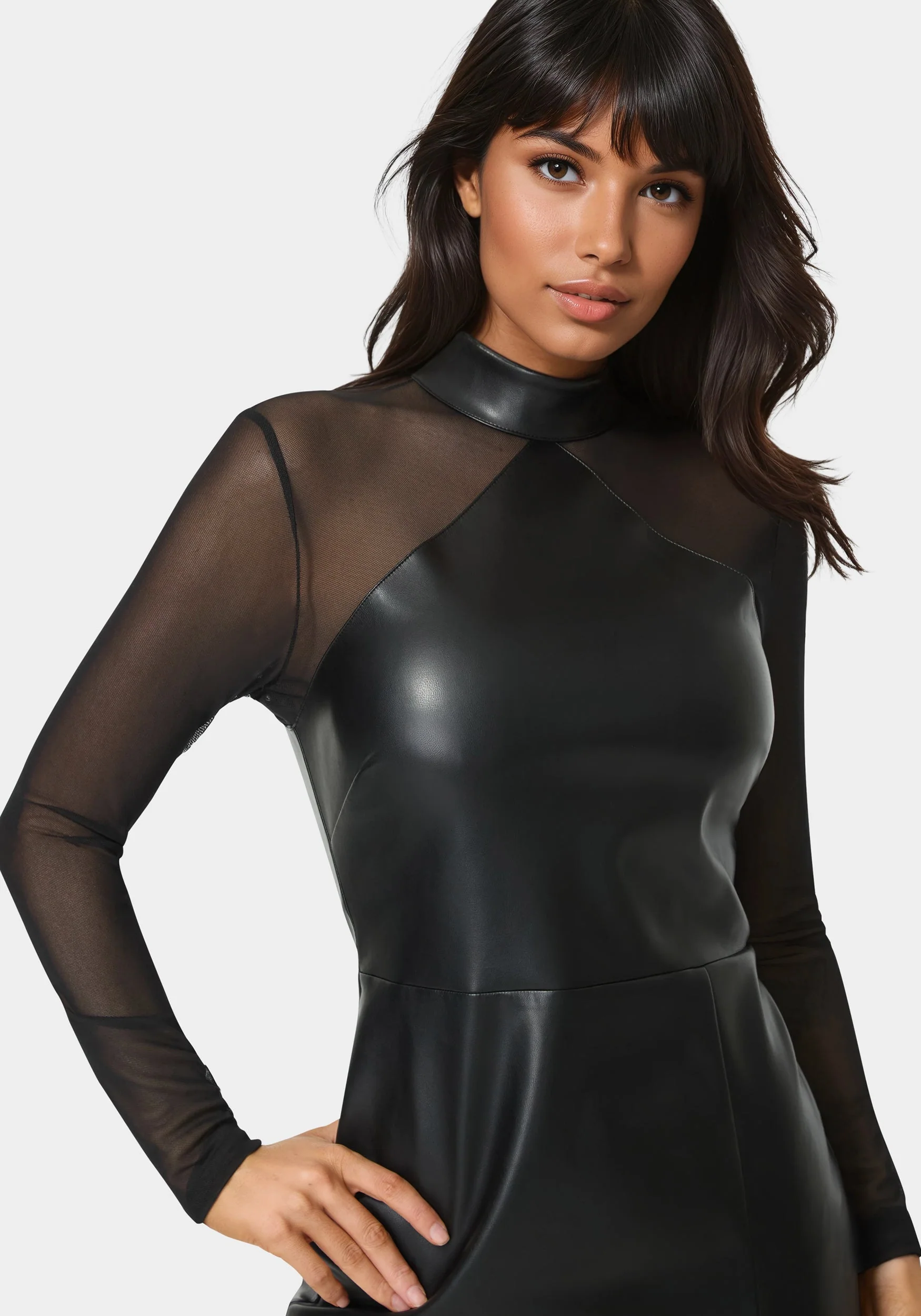 Faux Leather and Mesh Mock Neck Mini Dress - Image 4