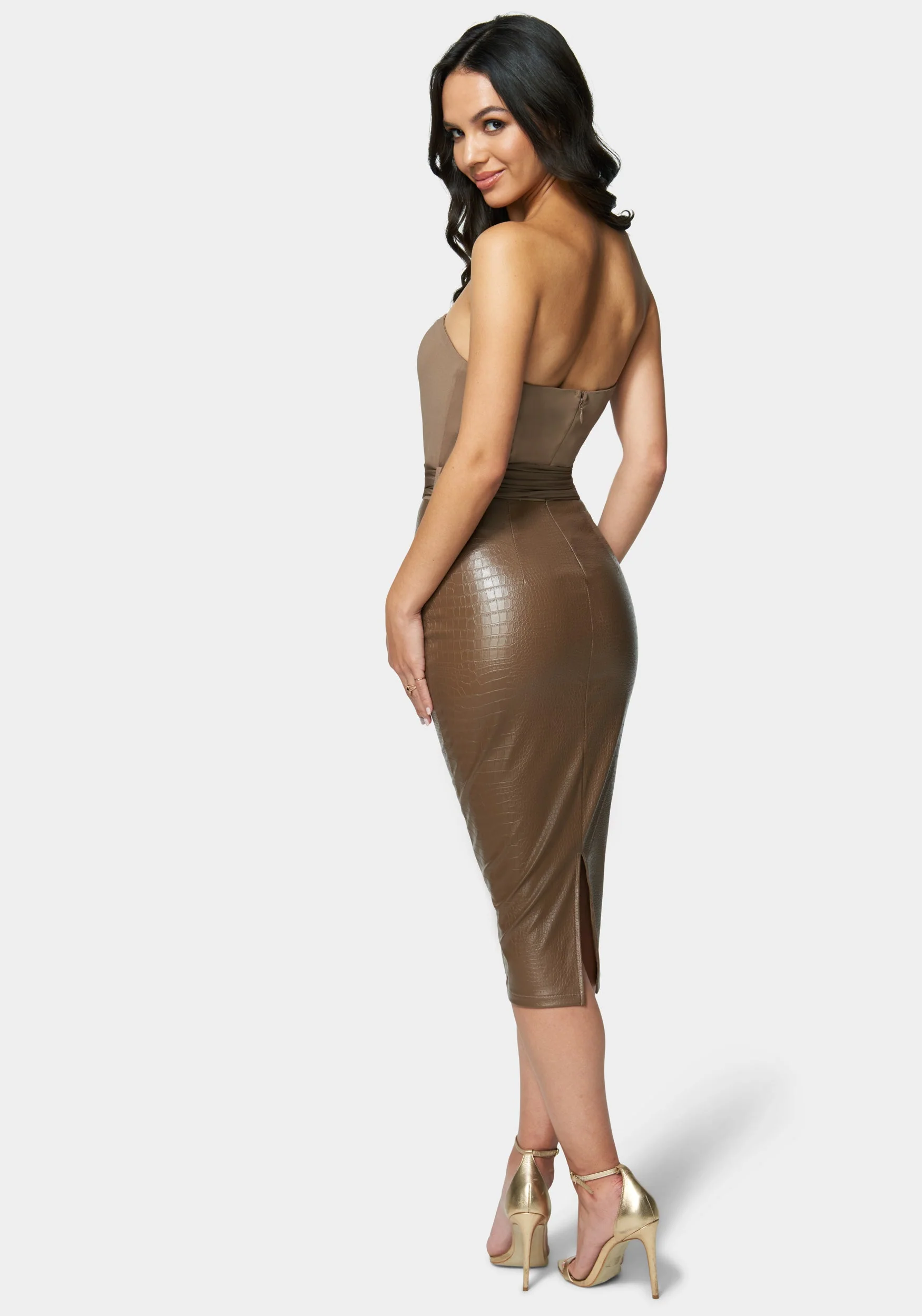 Vegan Leather Belted Strapless Midi Dress - Image 3