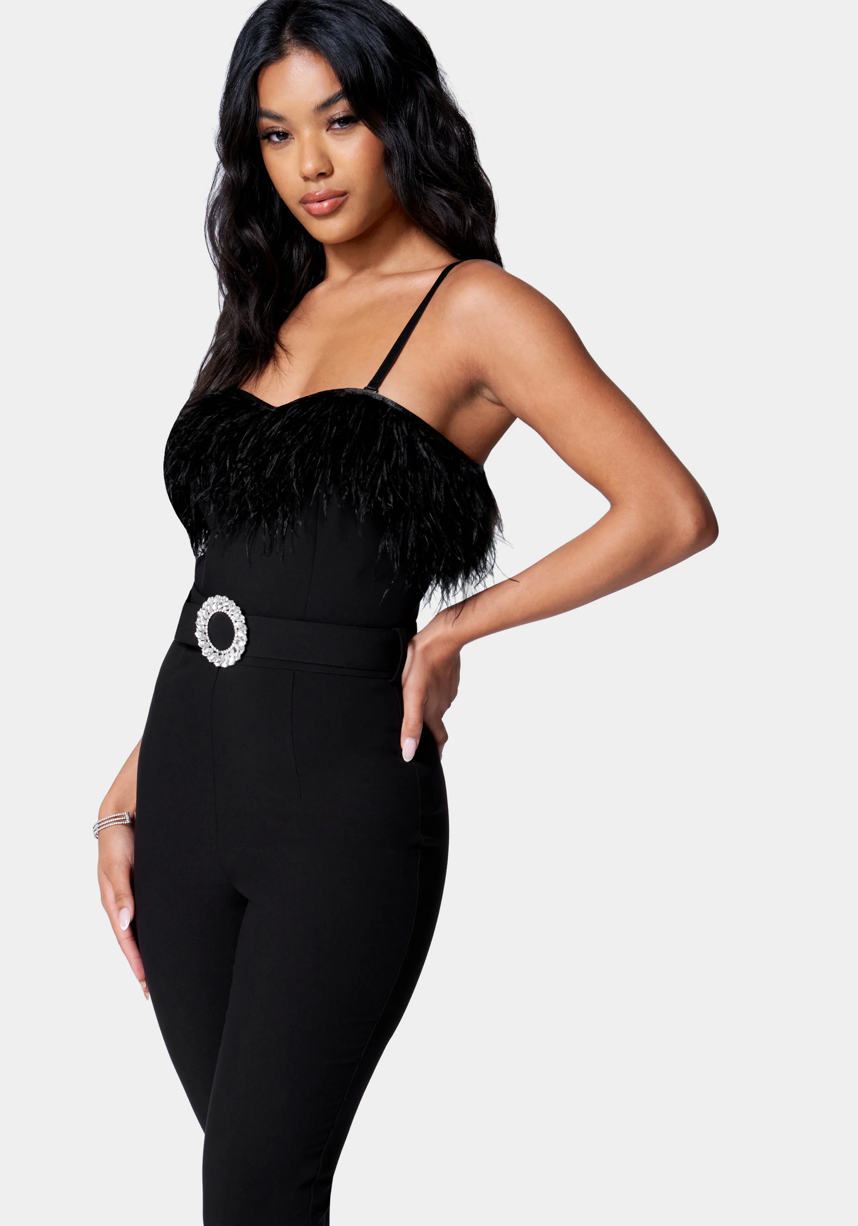 Feather Trim Slim Leg Belted Jumpsuit - Image 2