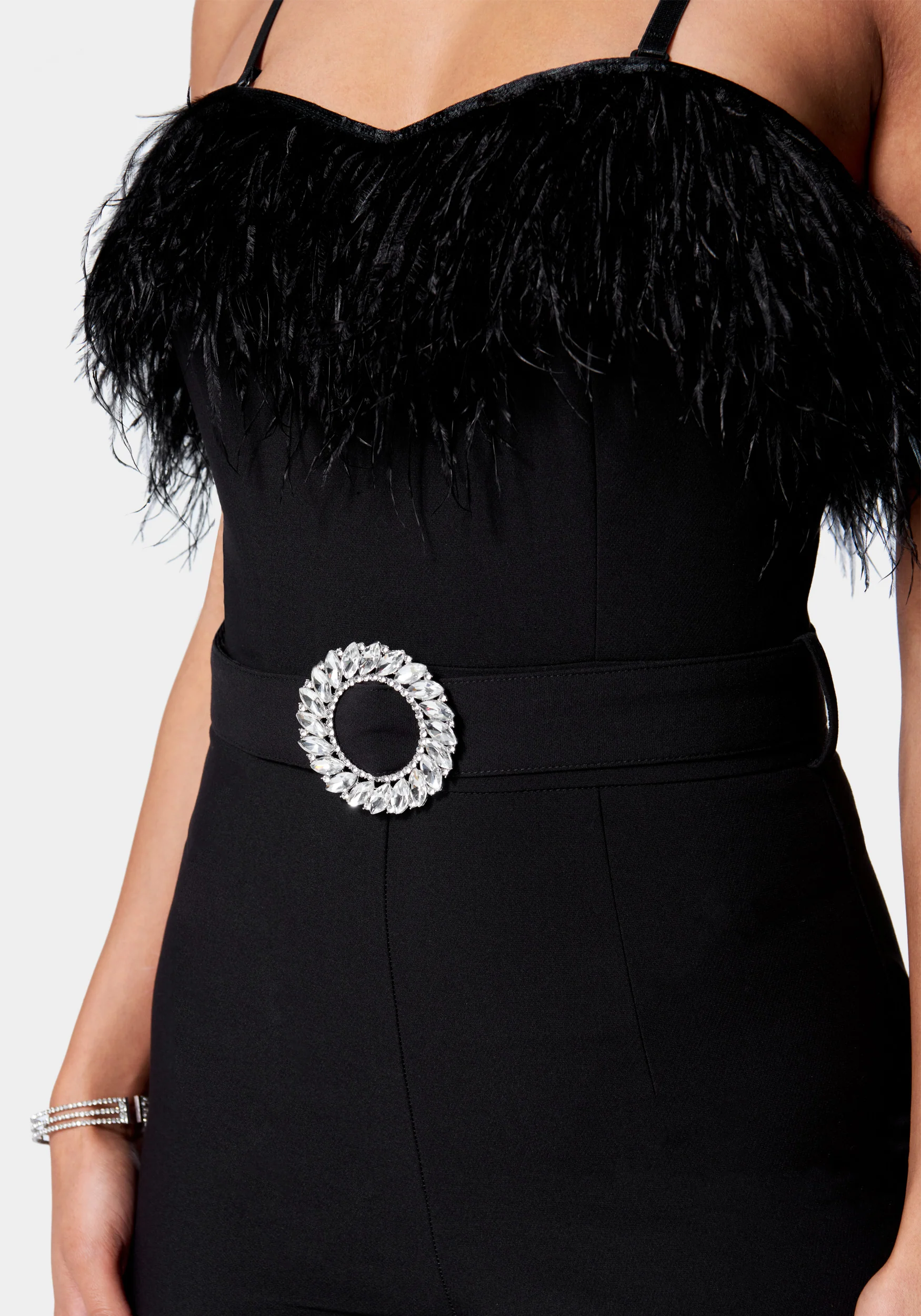 Feather Trim Slim Leg Belted Jumpsuit - Image 4