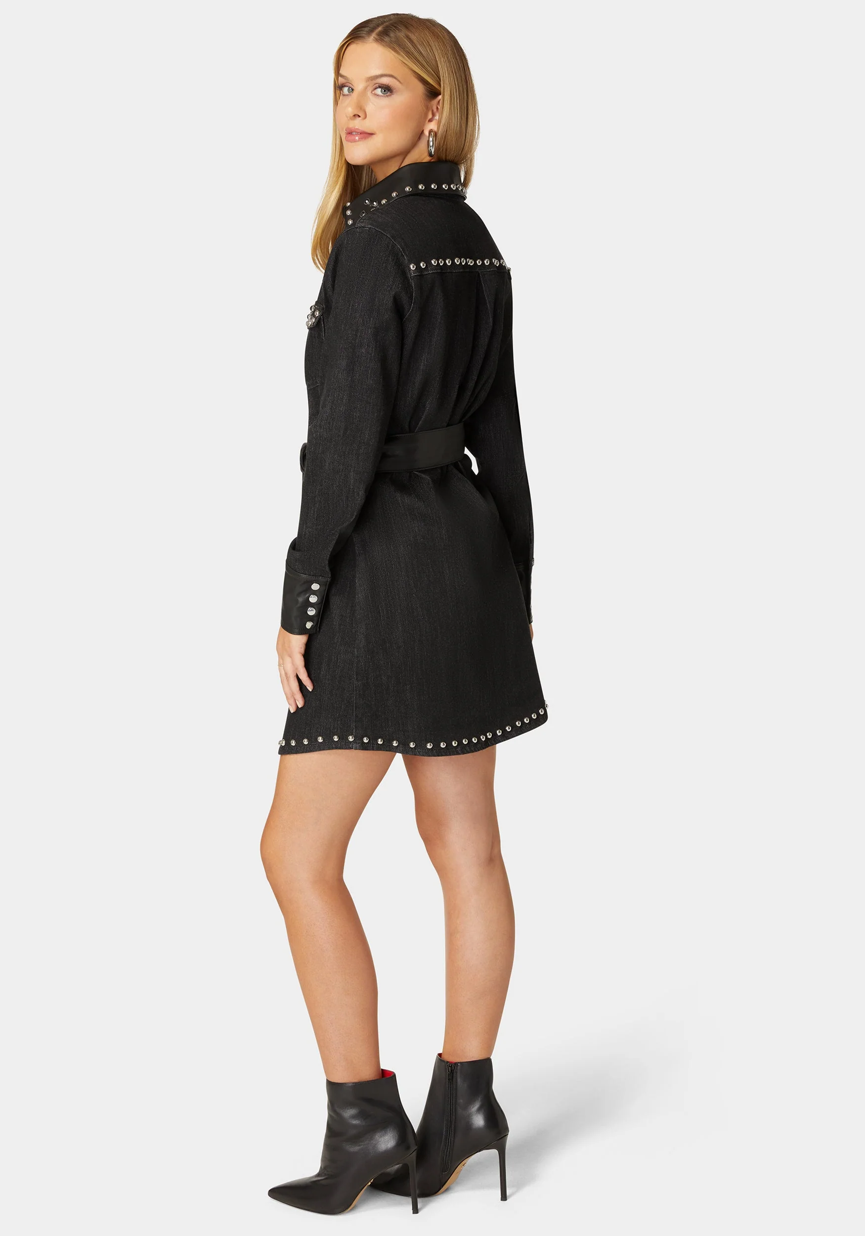 Fitted Combo Vegan Leather Studded Denim Shirt Dress - Image 3