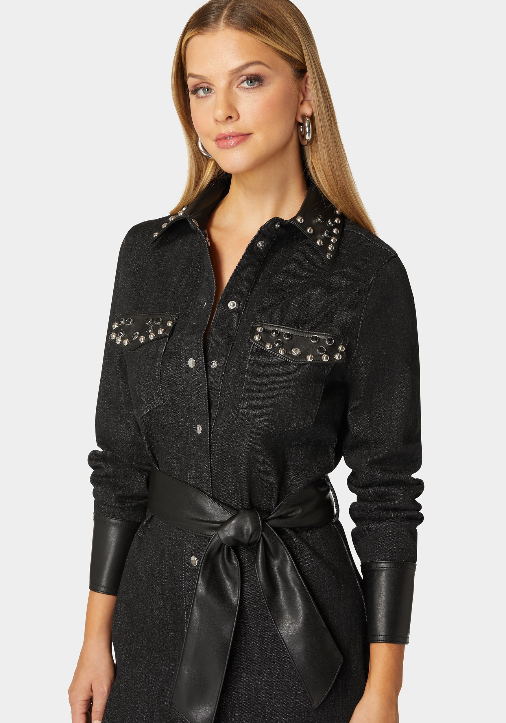 Fitted Combo Vegan Leather Studded Denim Shirt Dress - Image 4