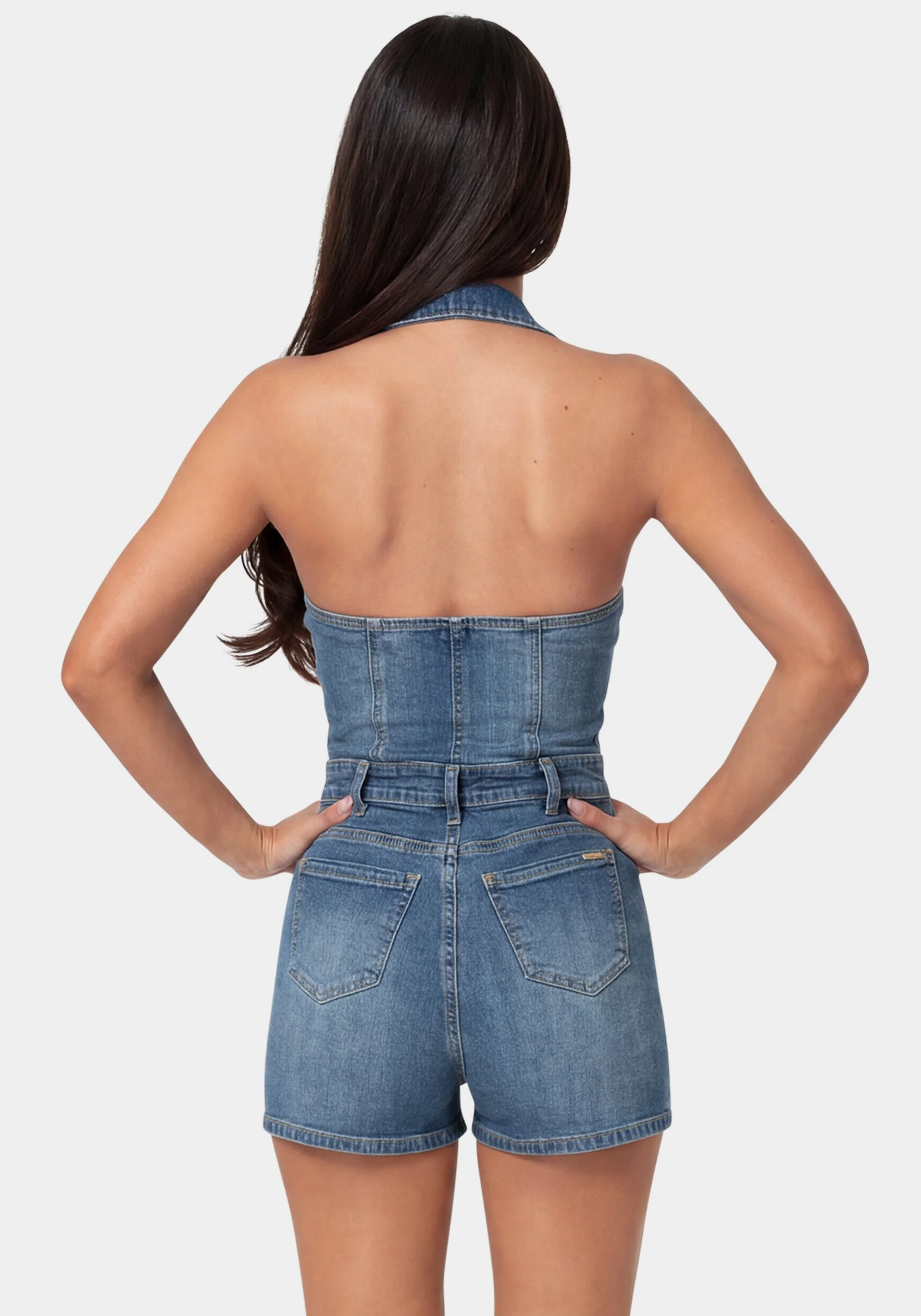 Fitted Halter Denim Romper - Image 4
