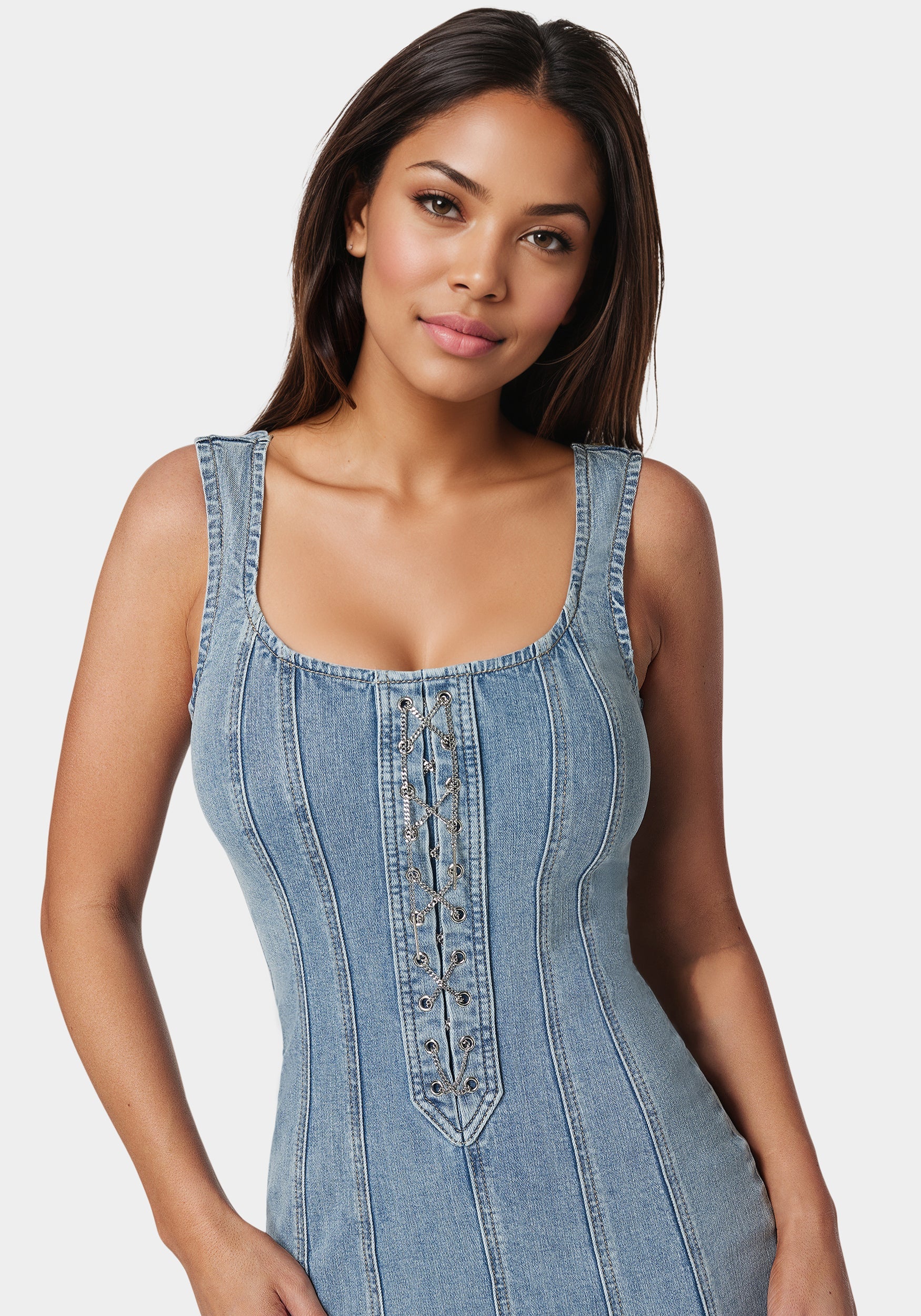 Fitted Lace Up Denim Dress - Image 4