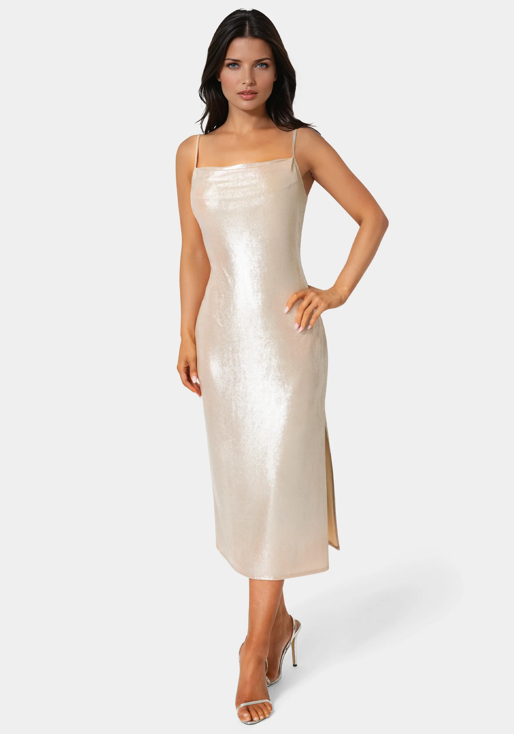 Foil Metallic Slinky Cowl Maxi Dress
