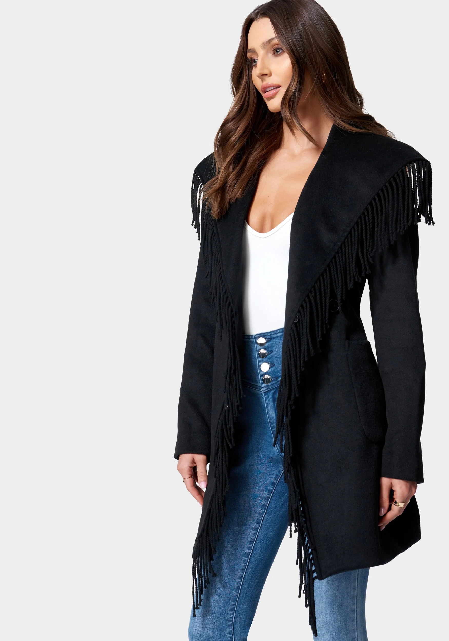 Fringe Detail Tie Waist Wrap Coat - Image 2