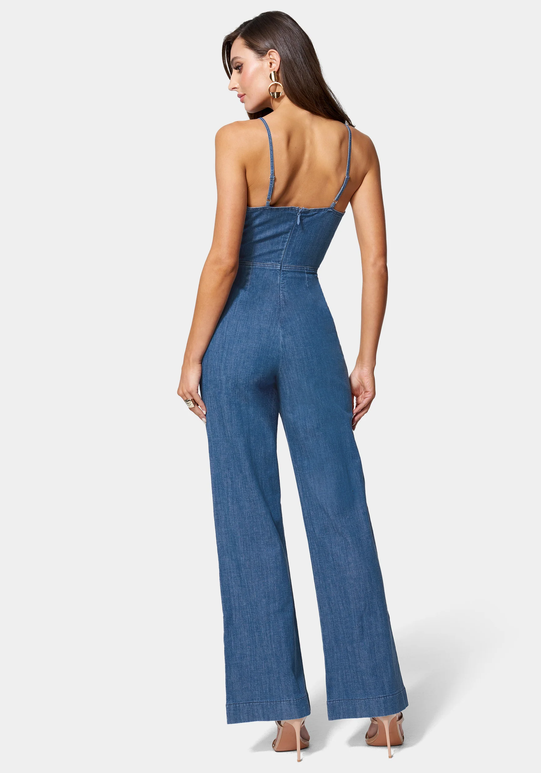 Front Ruched Cut Out Wide Leg Lightweight Denim Jumpsuit - Image 3