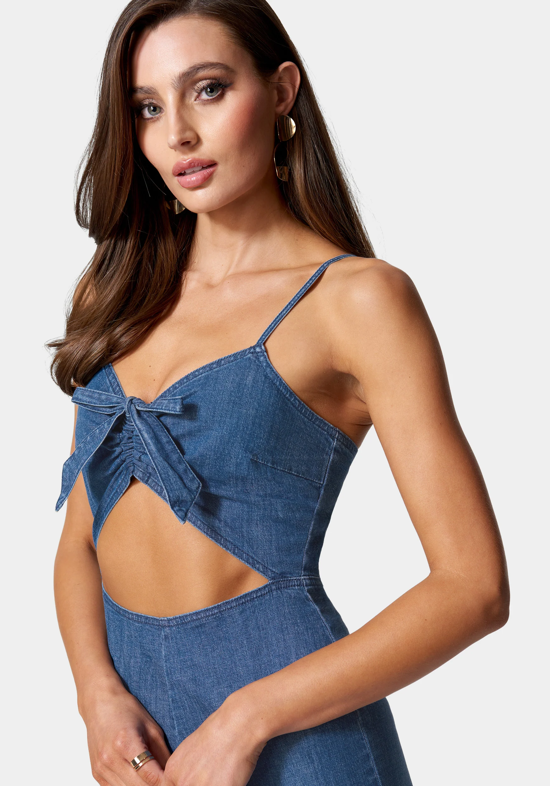Front Ruched Cut Out Wide Leg Lightweight Denim Jumpsuit - Image 4