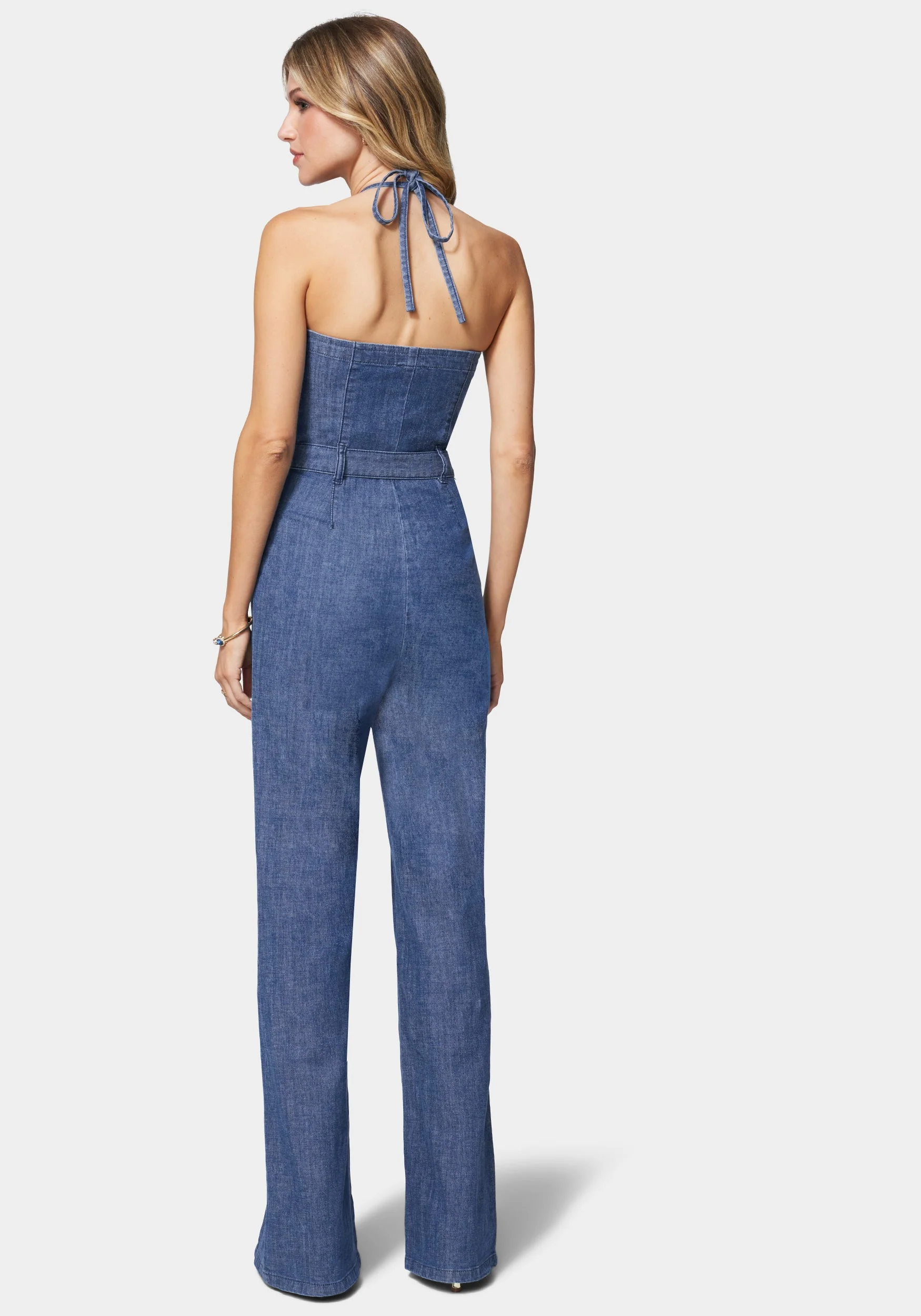 Front Slit Belted Wide Leg Denim Jumpsuit - Image 3