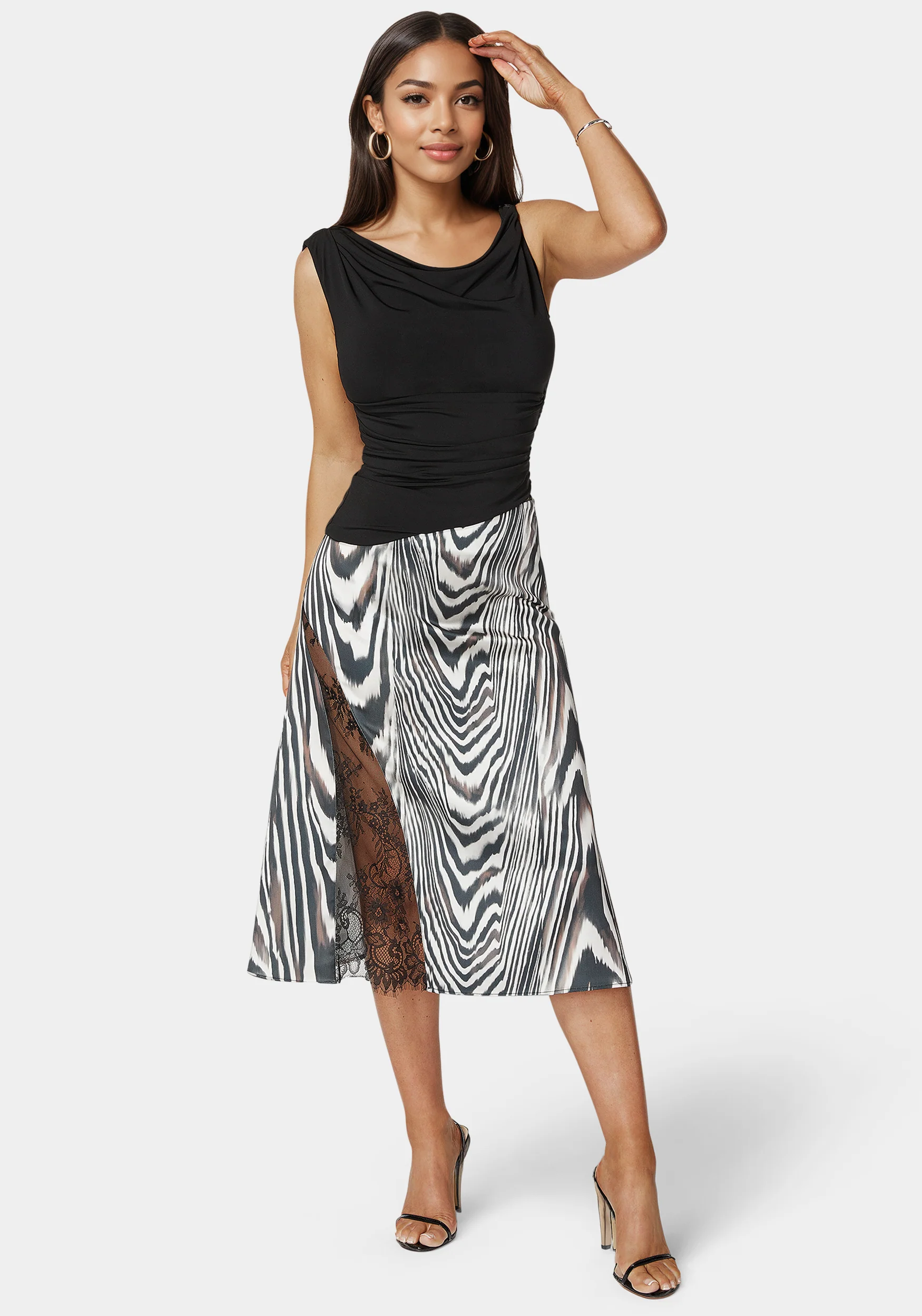 Asymmetrical Lace Insert Satin Skirt - Image 2