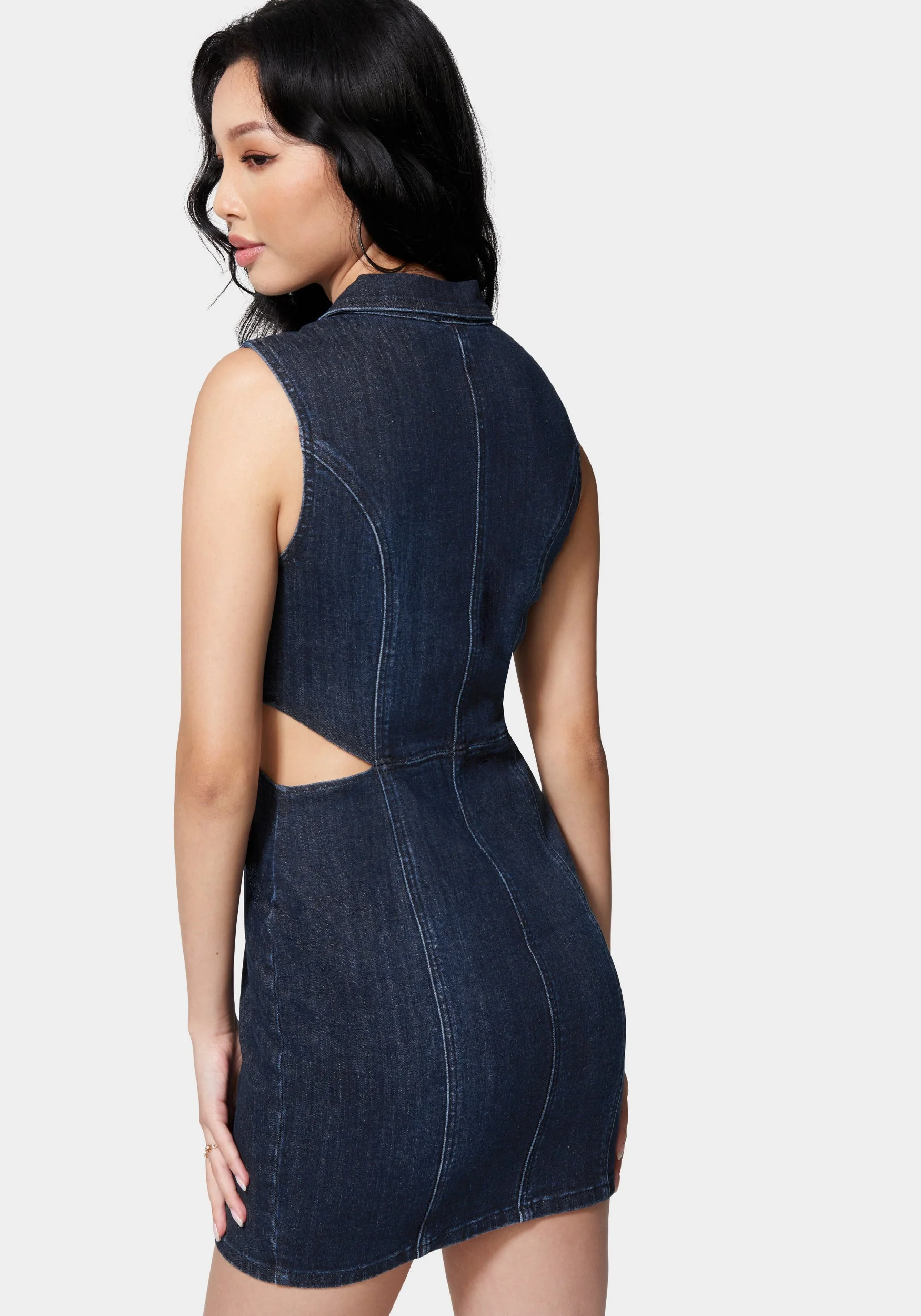 Front Zip Side Cut Out Denim Dress - Image 3