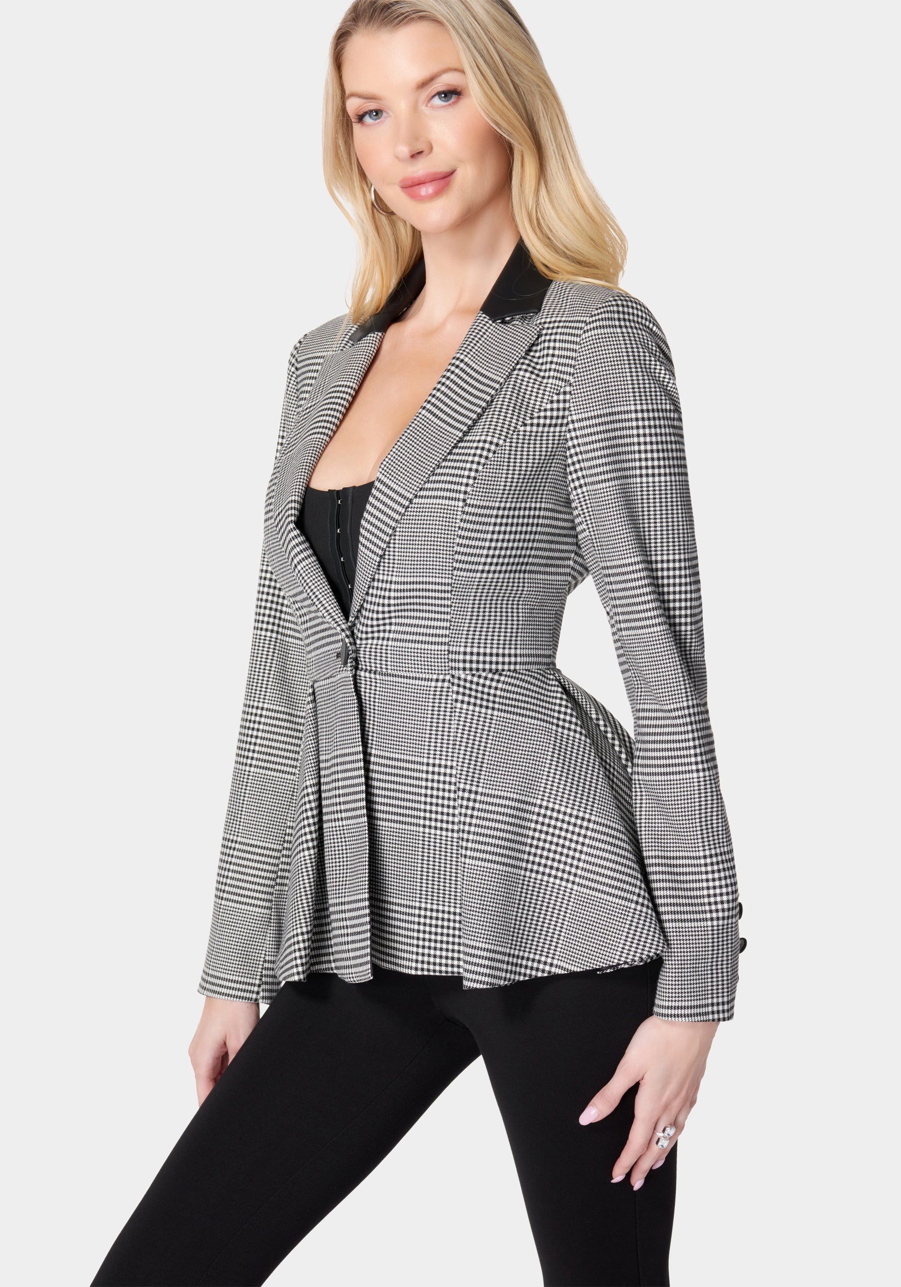 Glen Check Vegan Leather Combo Peplum Jacket - Image 3